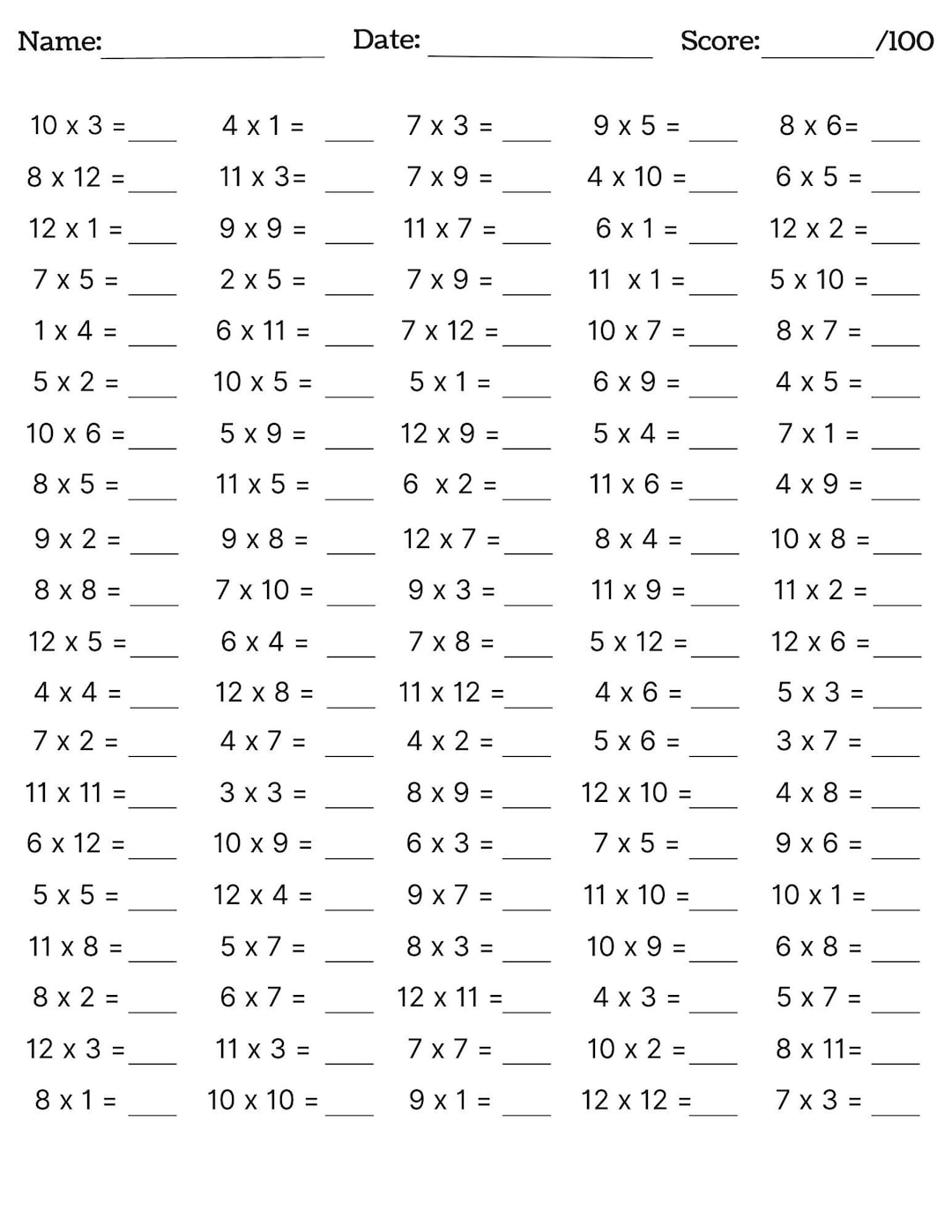 10 Printable Multiplication Worksheets Fill In The Blanks Single Digit Multiplication numbers 1 12 Maths Drills Answers Included Etsy Israel