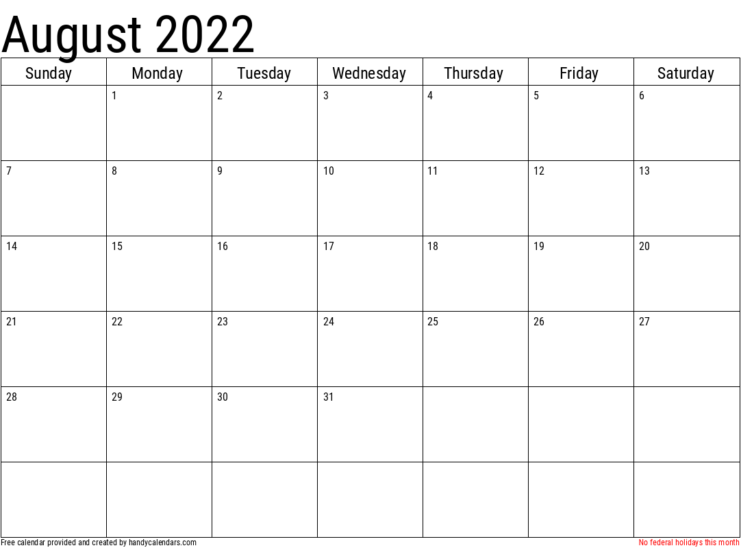 2022 August Calendars Handy Calendars