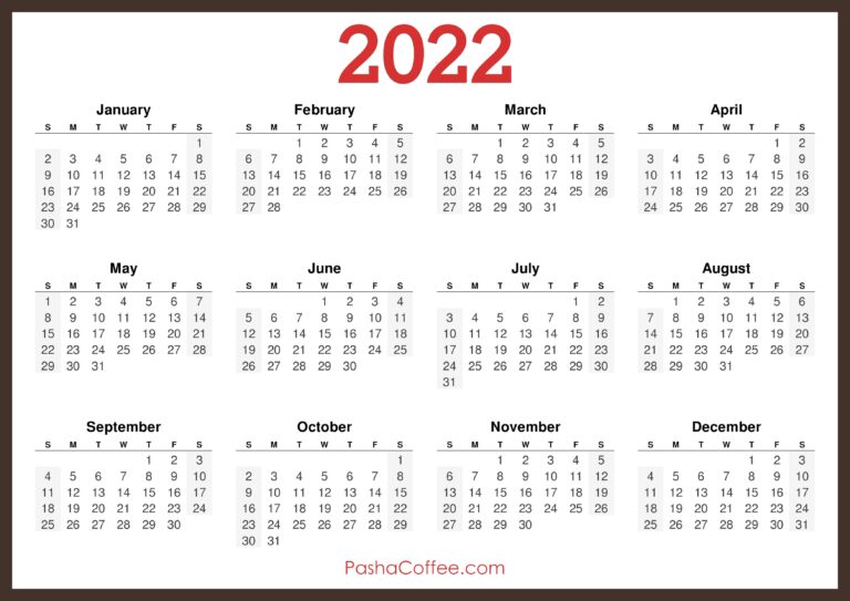 2022 Calendar Printable Free Horizontal Brown PashaCoffee