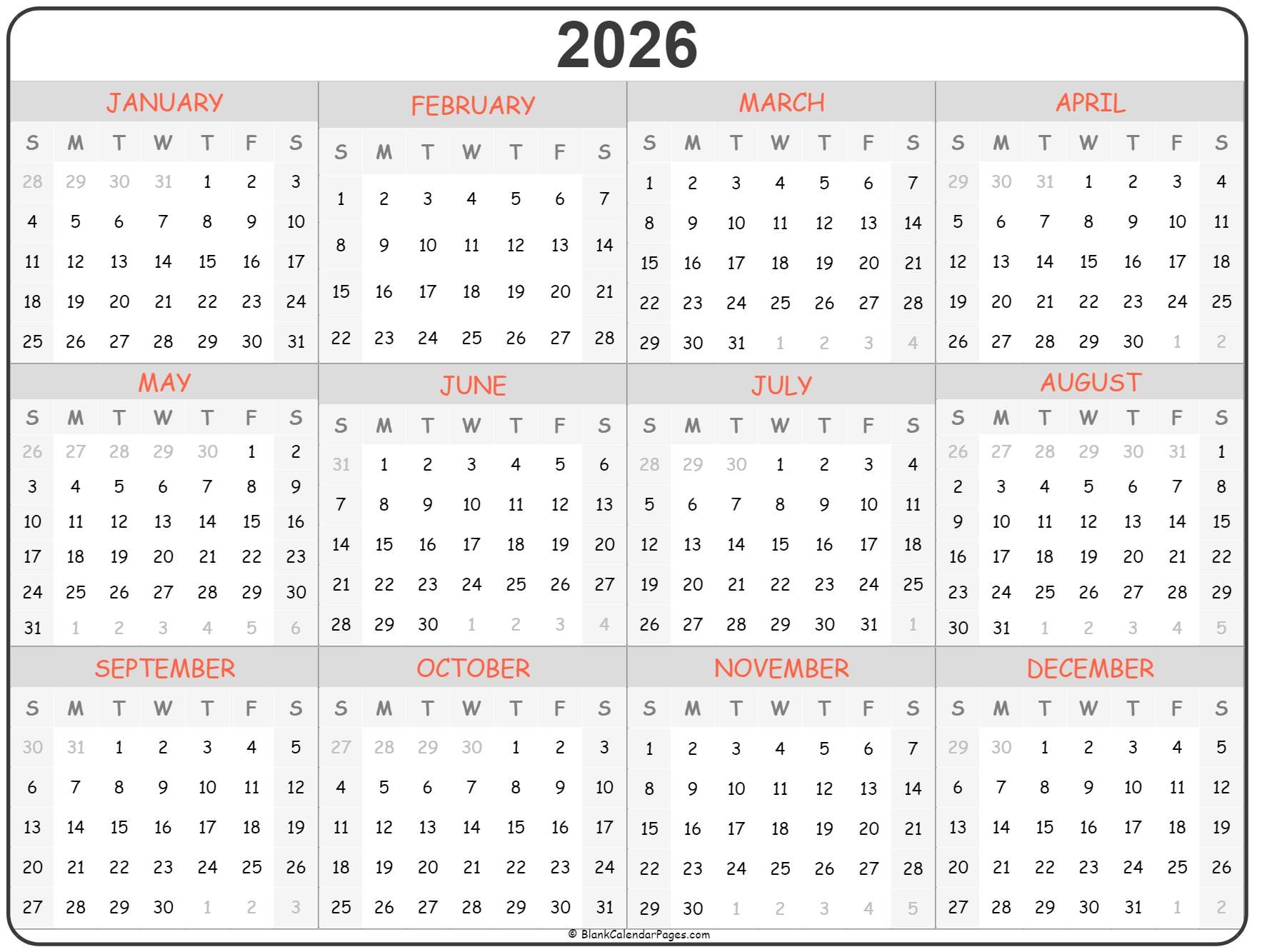 2026 calendar printable