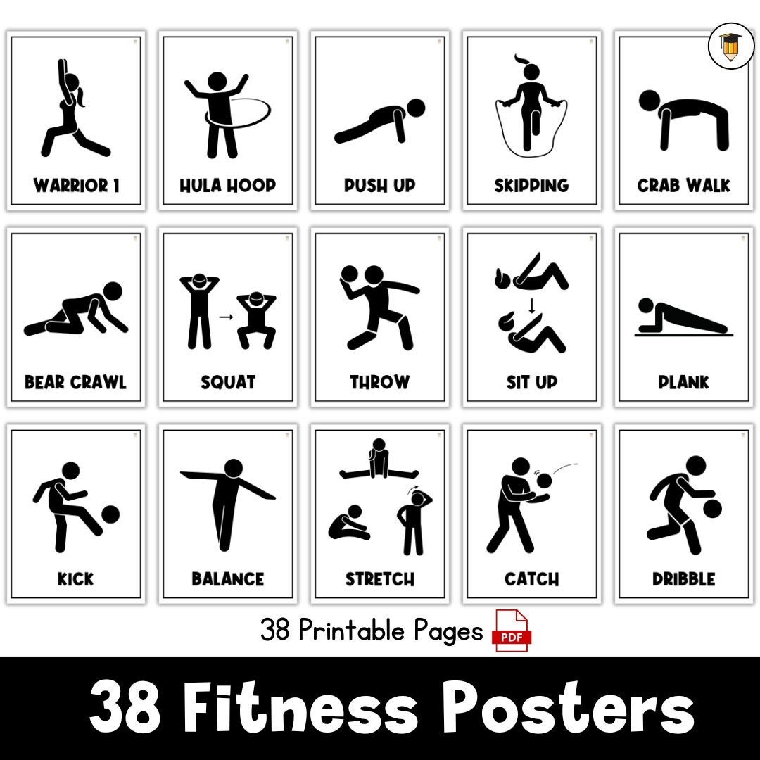 38 Fitness Posters Kids Exercises Flash Cards For Kids Yoga Activities Physical Education Busy Book Movement Break Activity