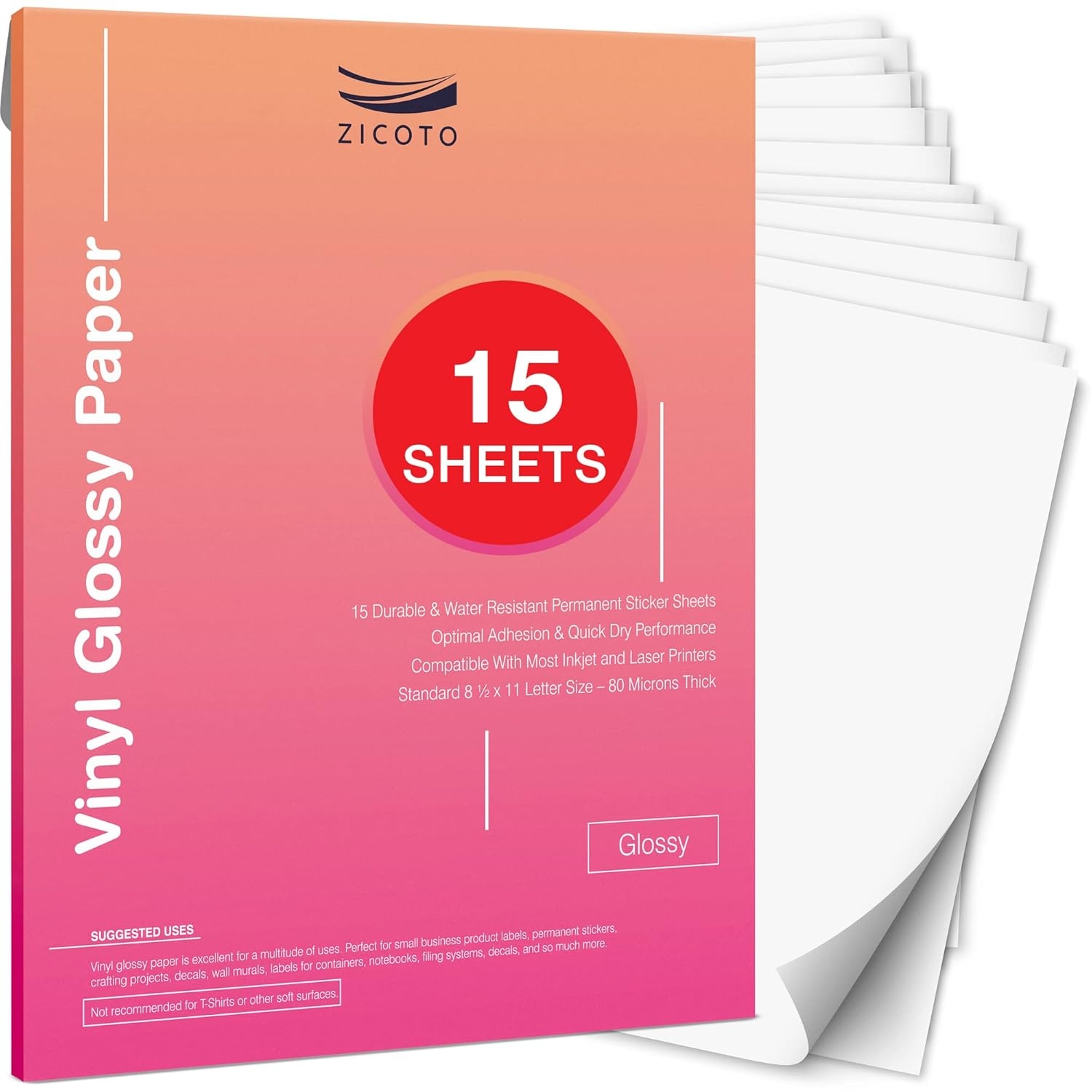 8 5 X 11 Sticker Paper ZICOTO Glossy Vinyl Sticker Paper 15 Sheets For Inkjet Printers Waterproof DIY Decals Zicoto Glossy White Vinyl 8 5 X 11 Sticker Paper ZICOTO Glossy Vinyl Sticker Paper 15 Sheets For Inkjet Printers Waterproof DIY Decals Zicoto Glossy White Vinyl