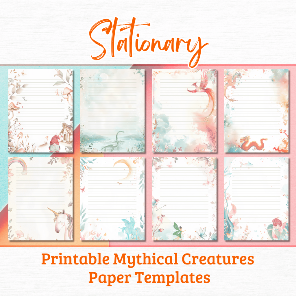 8 Styles Of Stationary Printable Mythical Creatures Paper Templates Printable Coloring Books Log Books And More Get Free Coloring Book