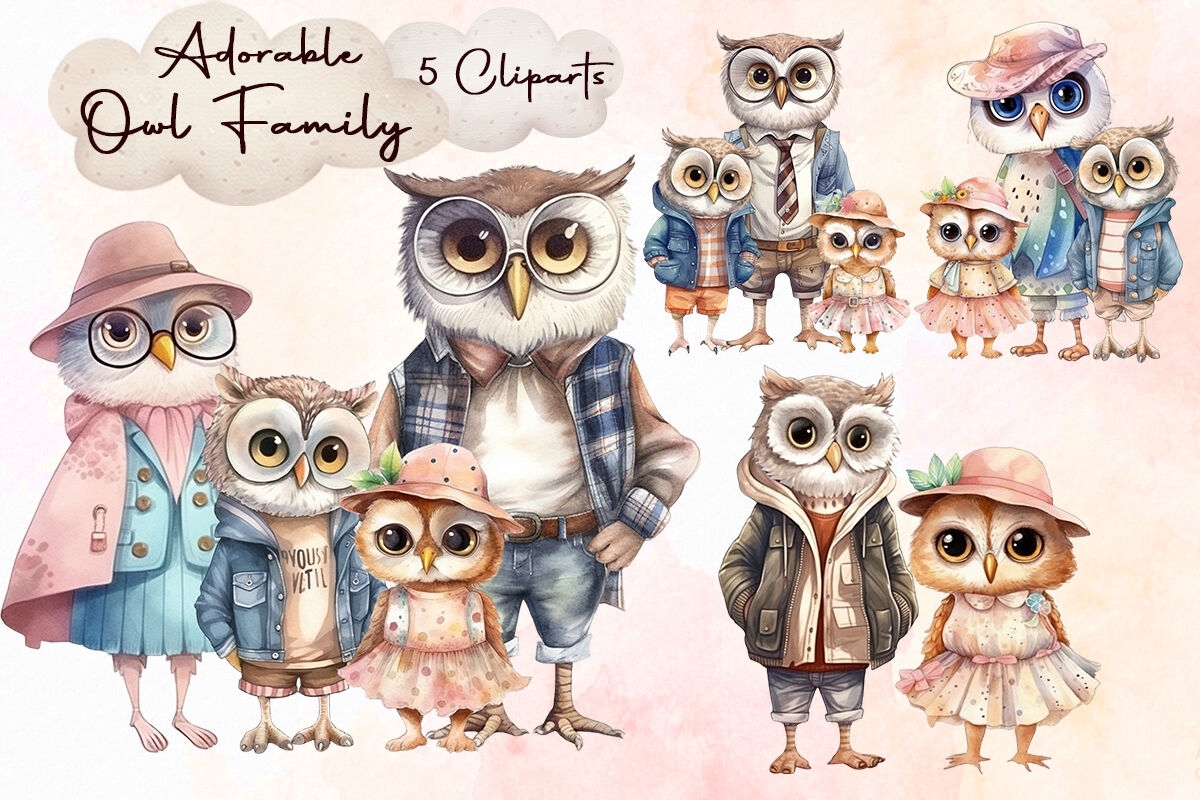 Adorable Owl Family Cliparts By Zemira TheHungryJPEG