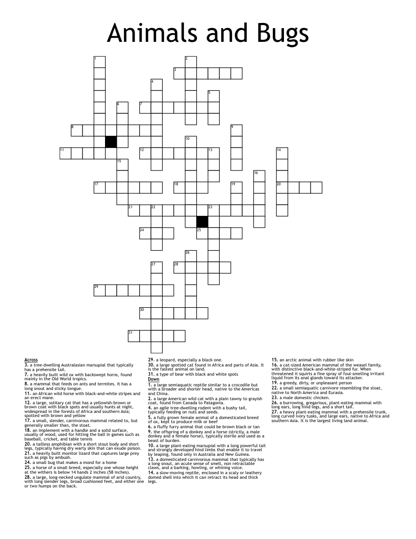 Animals And Bugs Crossword WordMint