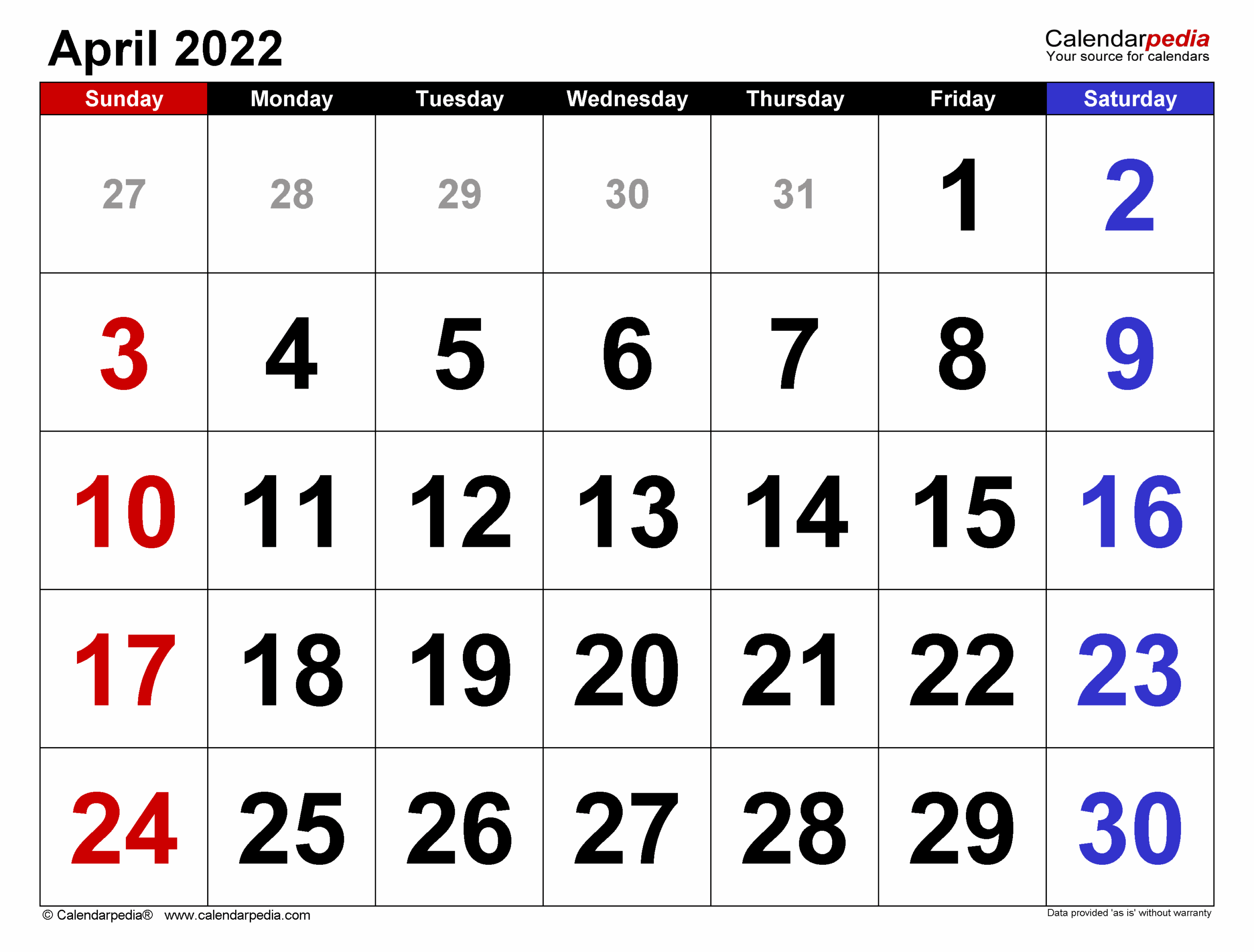 free printable monthly calendars april 2022 calendar