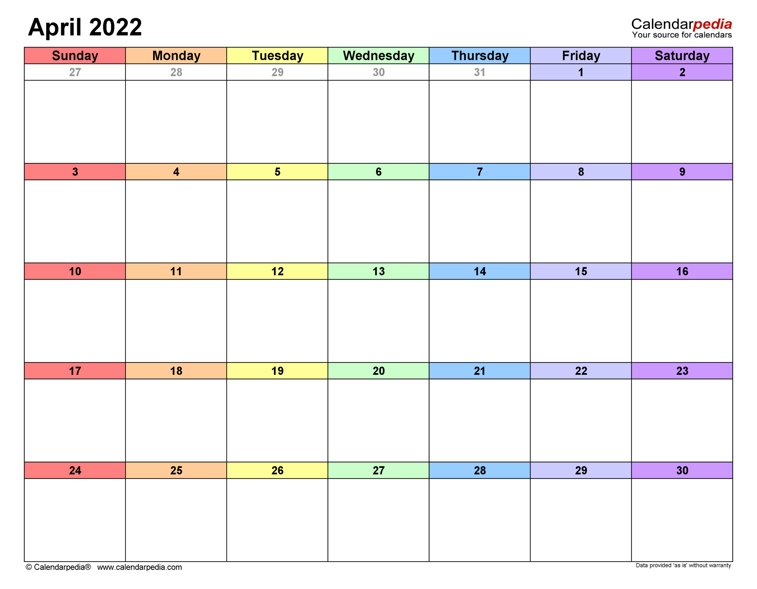April 2022 Calendar Templates For PDF Excel And Word