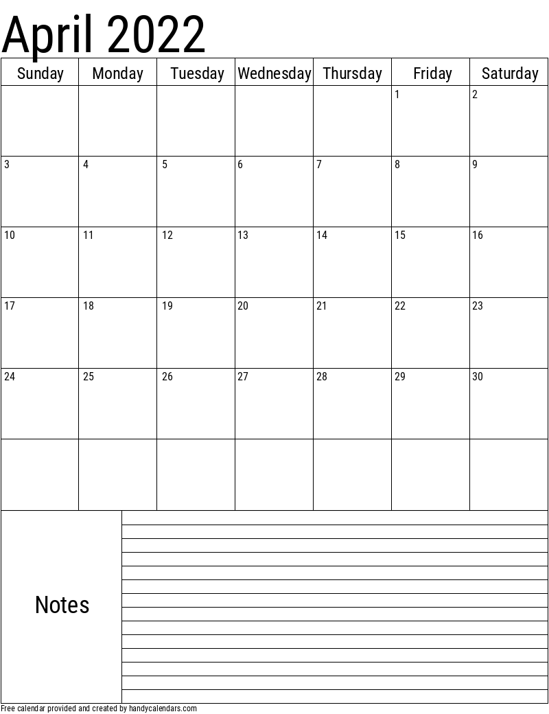 April 2022 Vertical Calendar With Notes Handy Calendars