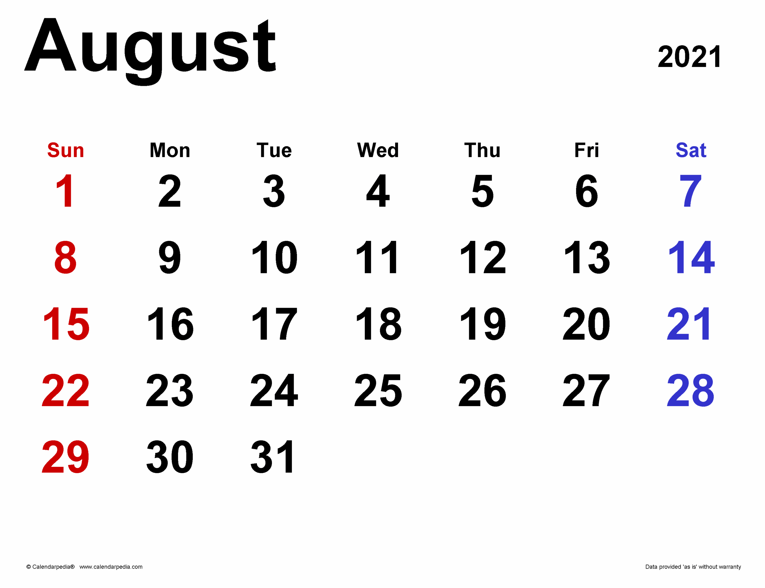 August 2021 Calendar Templates For PDF Excel And Word