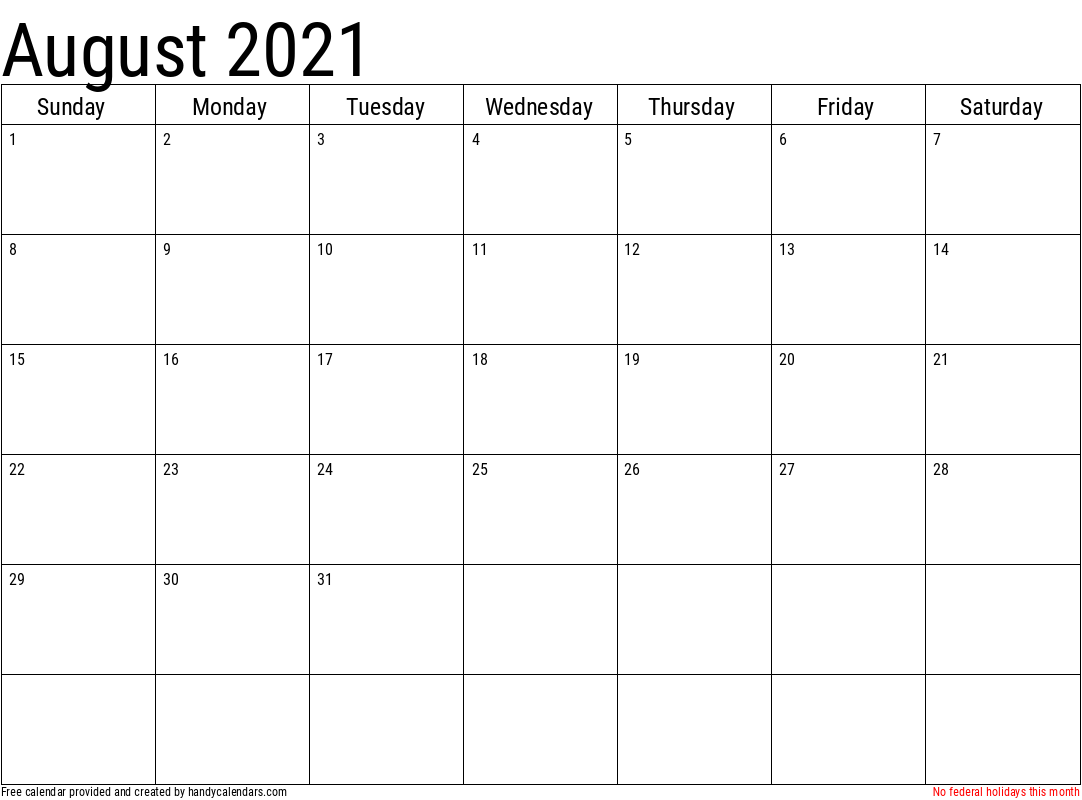 August 2021 Calendar With Holidays Handy Calendars