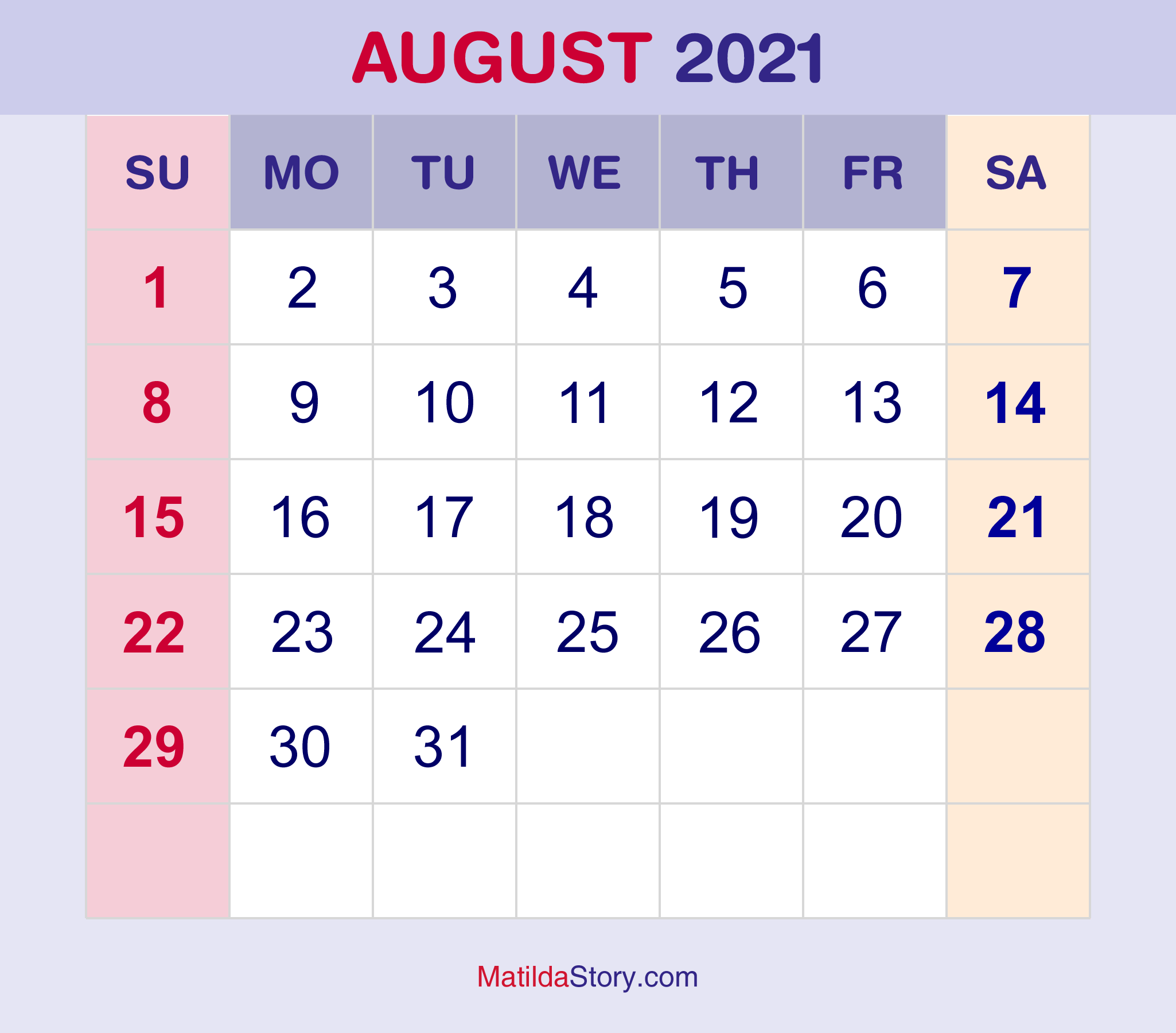 August 2021 Monthly Calendar Monthly Planner Printable Free Sunday Start MatildaStory