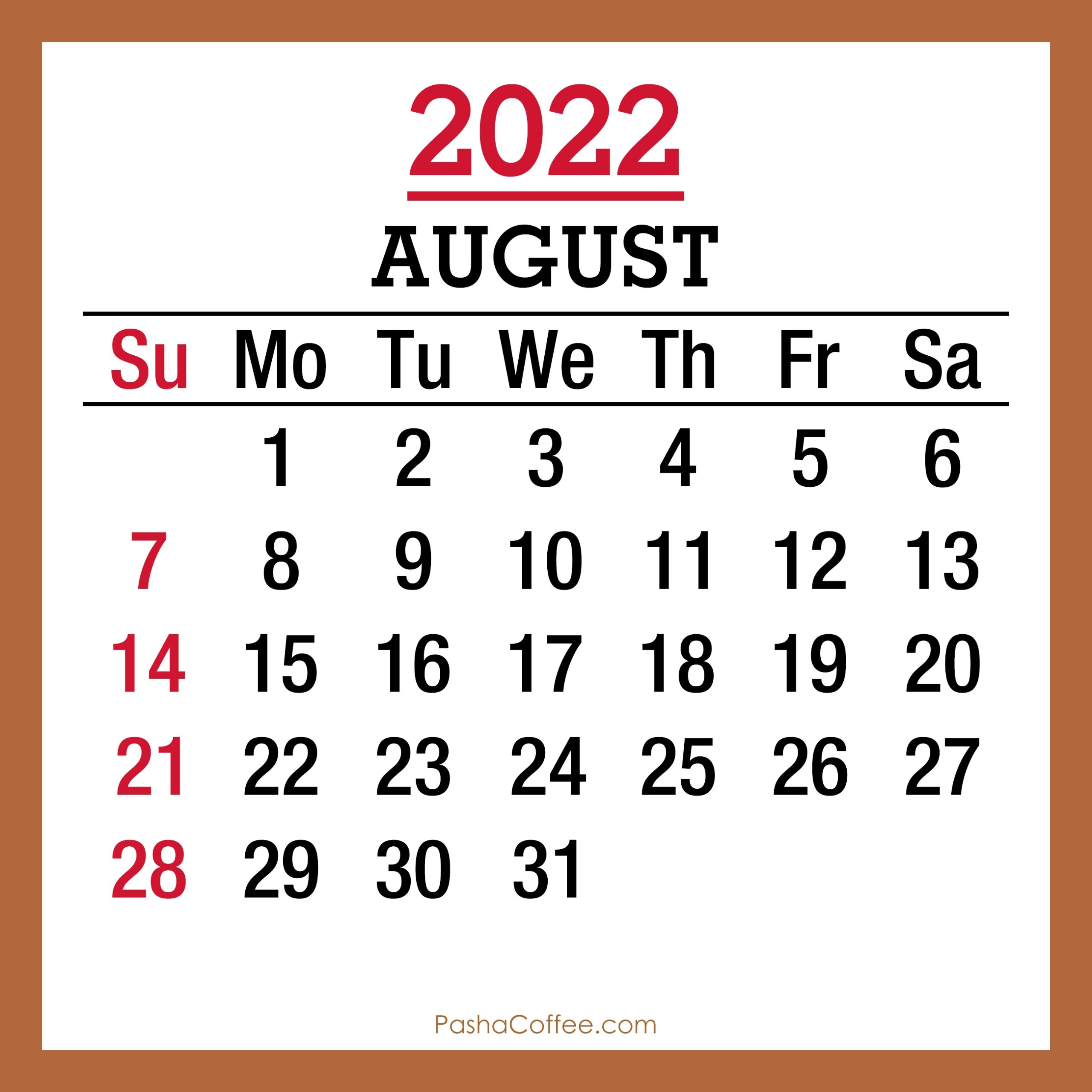 August 2022 Monthly Calendar With Holidays Printable Free Beige 