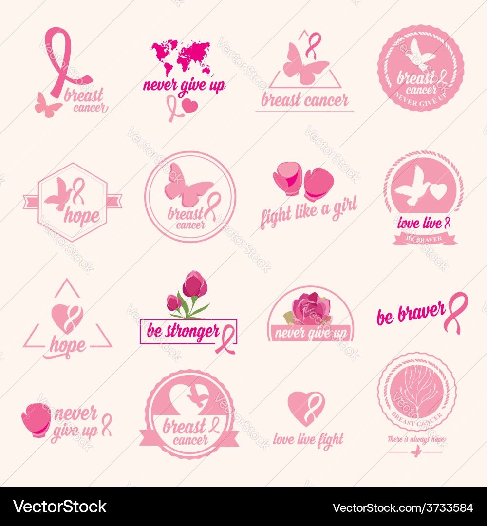 Breast Cancer Set Of Stickers Pink Ribbon Icon Vector Image
