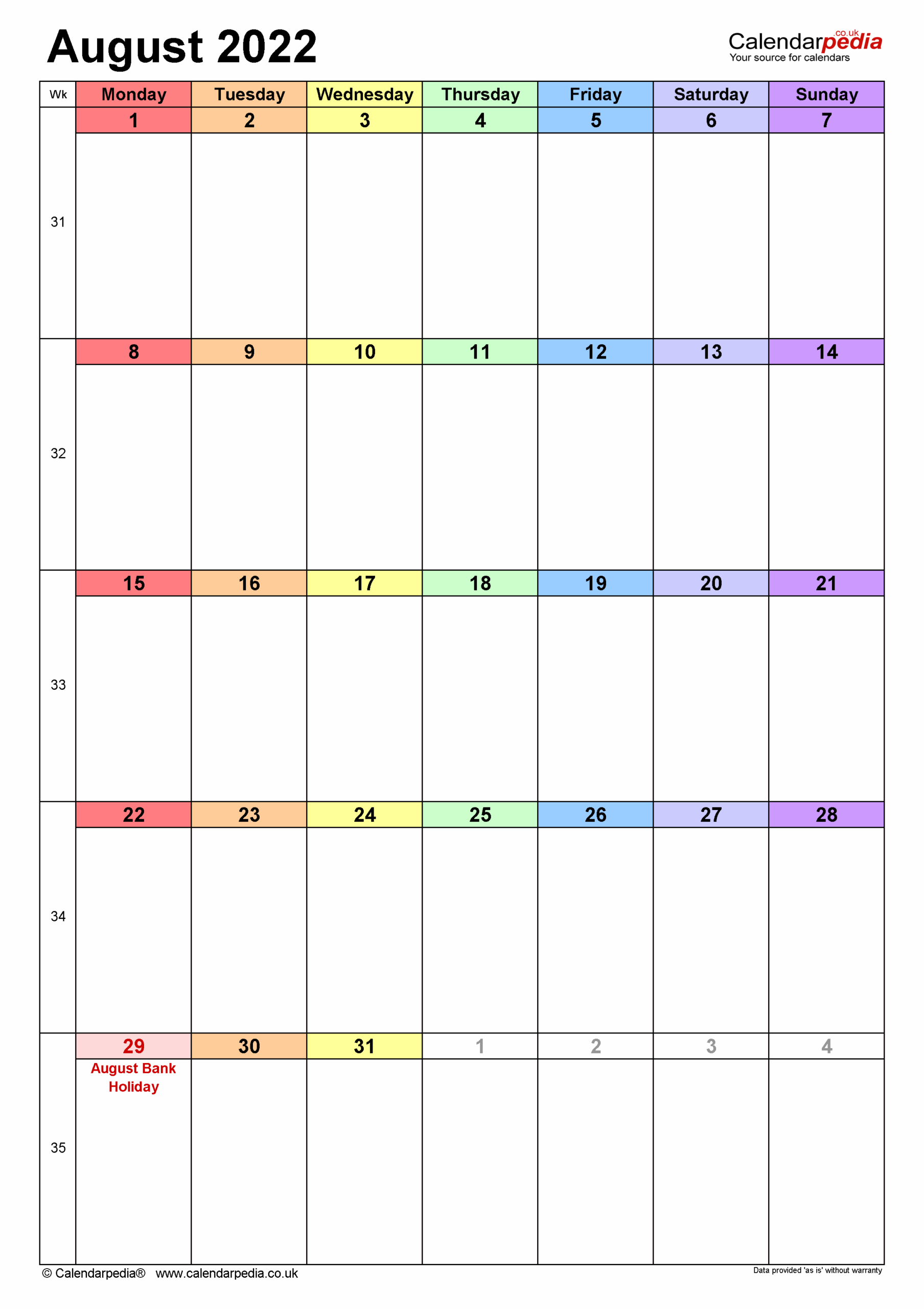 Calendar August 2022 UK With PDF Excel And Word Templates