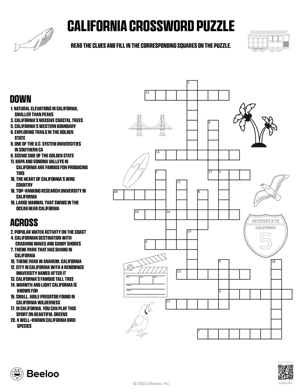 California Crossword Puzzle Beeloo Printable Crafts And Activities For Kids
