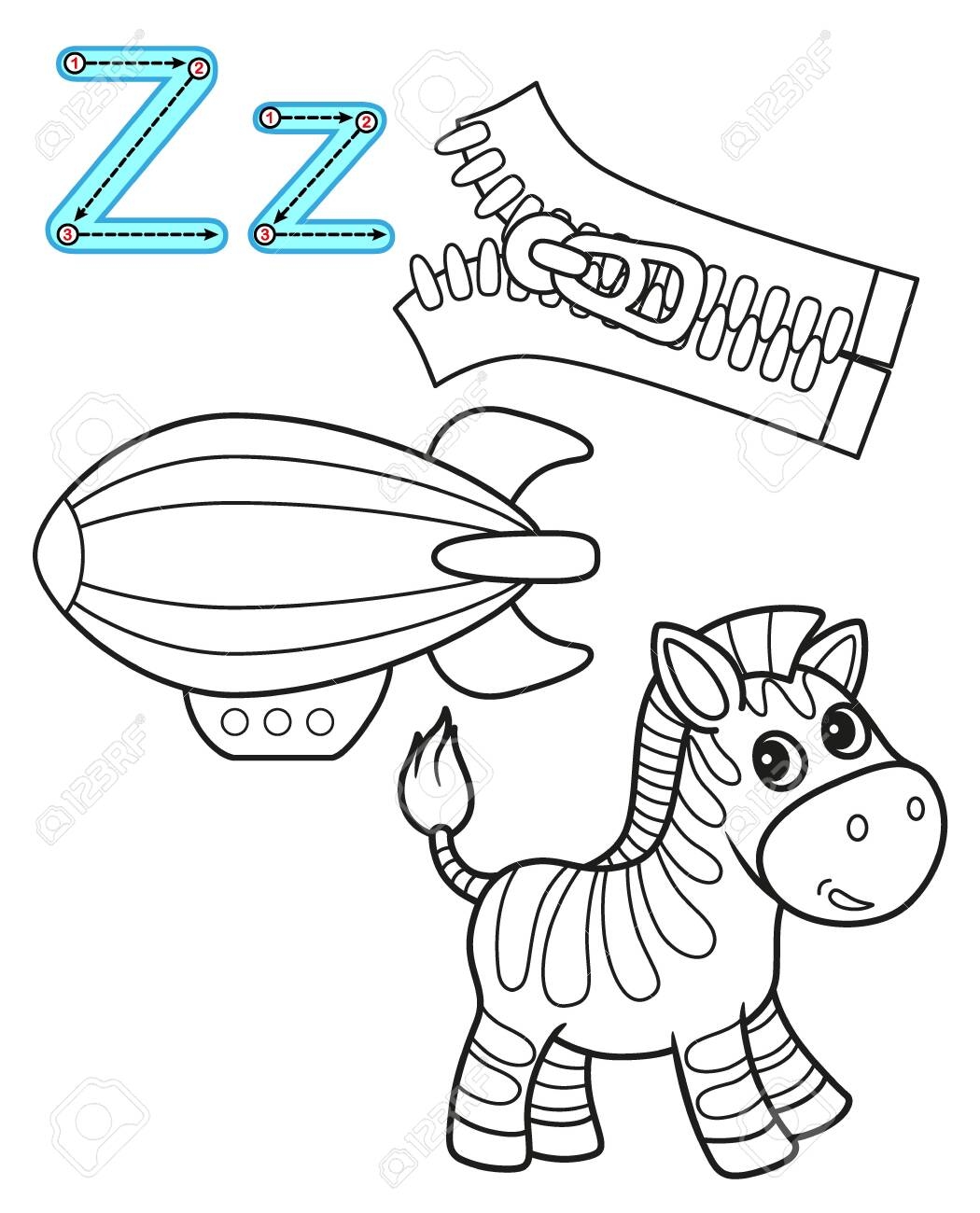 Coloring Book Alphabet Printable Coloring Page For Kindergarten And Preschool Letter Z Zebra Zipper Zeppelin Royalty Free SVG Cliparts Vectors And Stock Illustration Image 149964351 