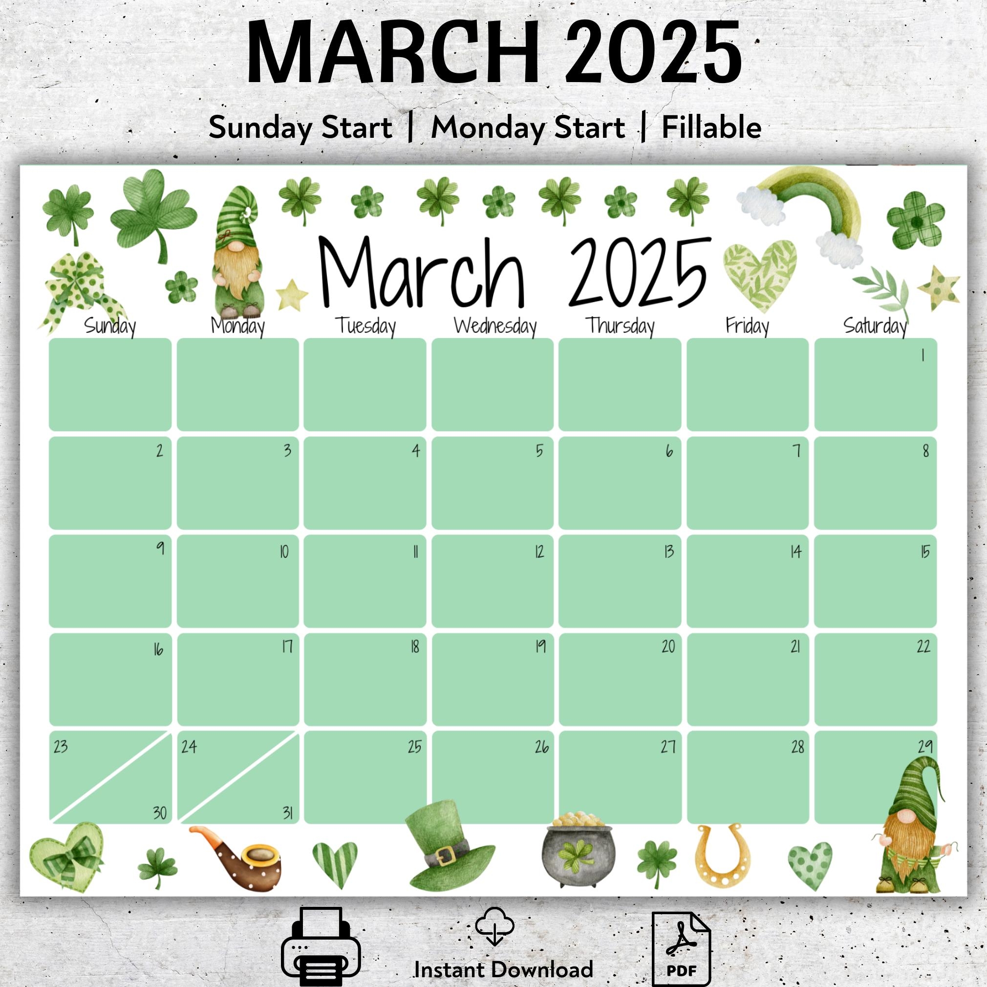 EDITABLE March 2025 Calendar Printable Planner Fillable Calendar Happy St Patrick s Day Cute Green Gnomes Instant Download PDF Etsy