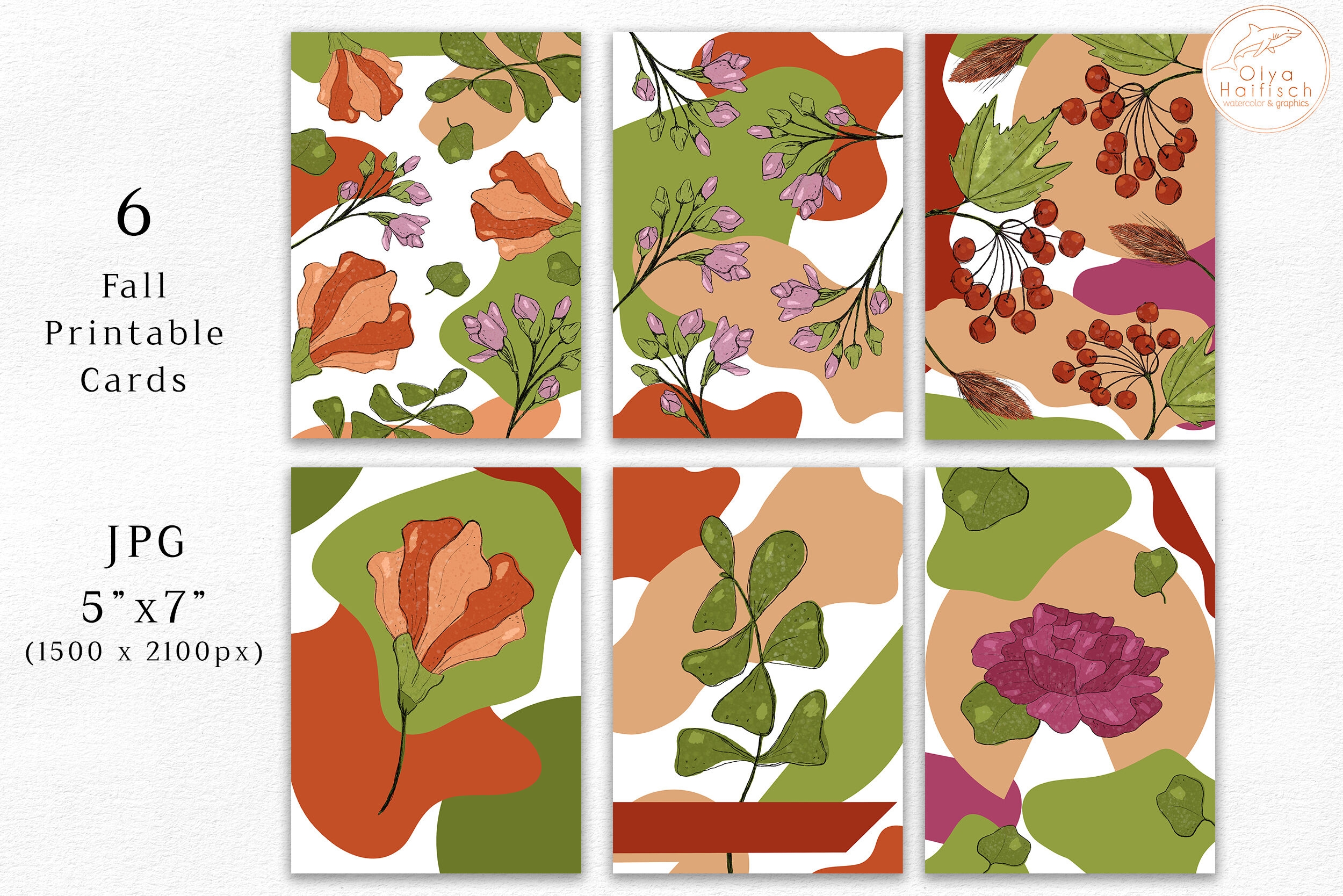 Fall Printable Cards Autumn Flowers Trendy Floral Card Templates By Olya Haifisch TheHungryJPEG