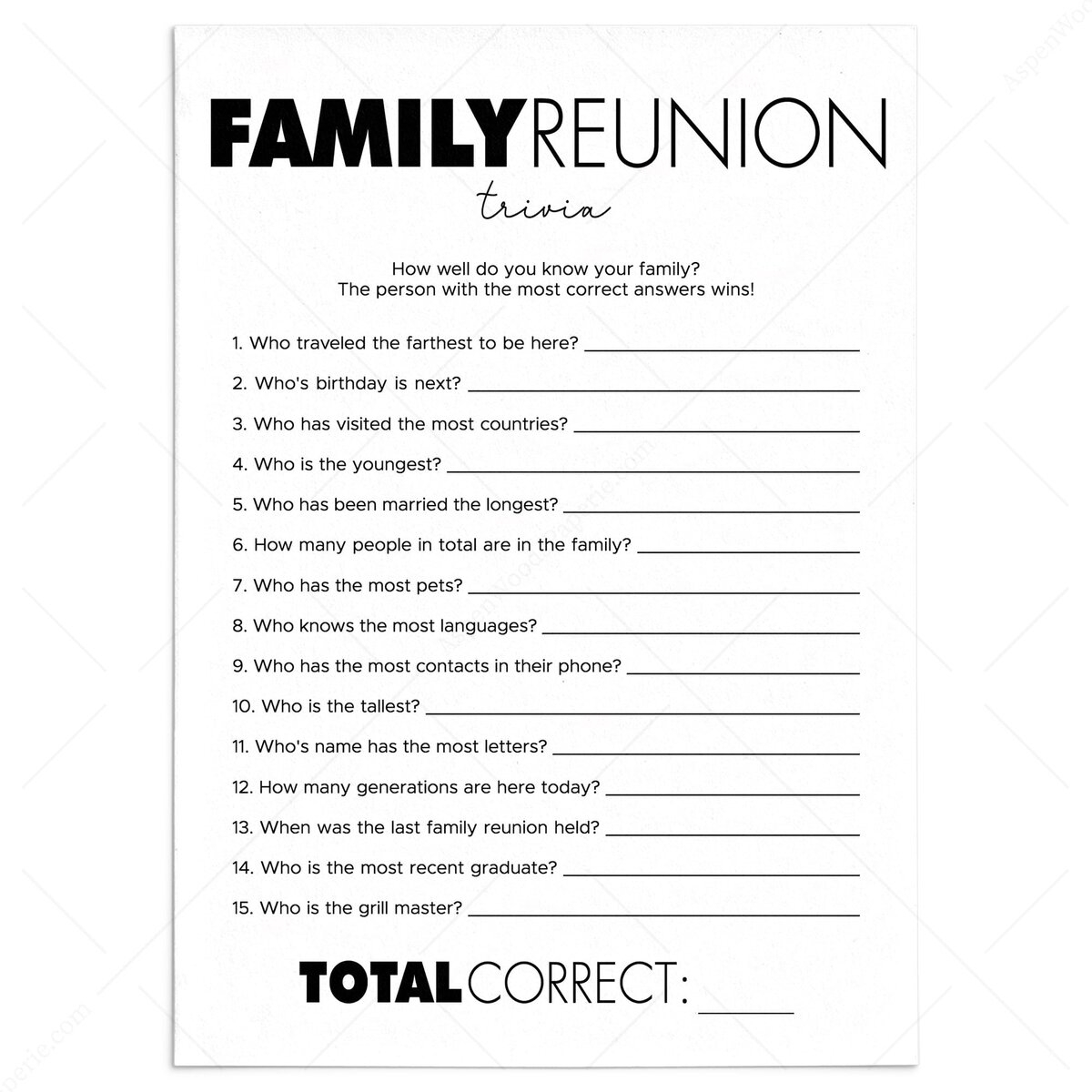 Family Reunion Trivia Quiz Modern Themed Printable