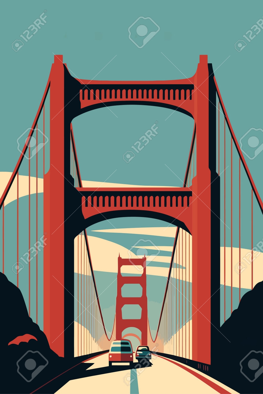 Famous Golden Gate Bridge San Francisco Vector Flat Color Illustration For Wall Art Print Poster Royalty Free SVG Cliparts Vectors And Stock Illustration Image 199543143 