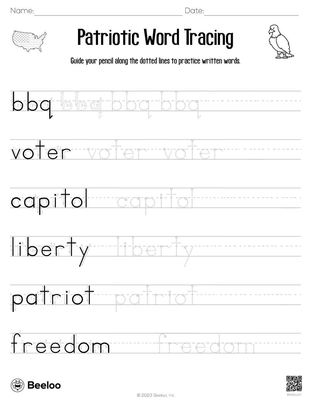 Fourth Of July themed Word Tracing Worksheets Beeloo Printable 