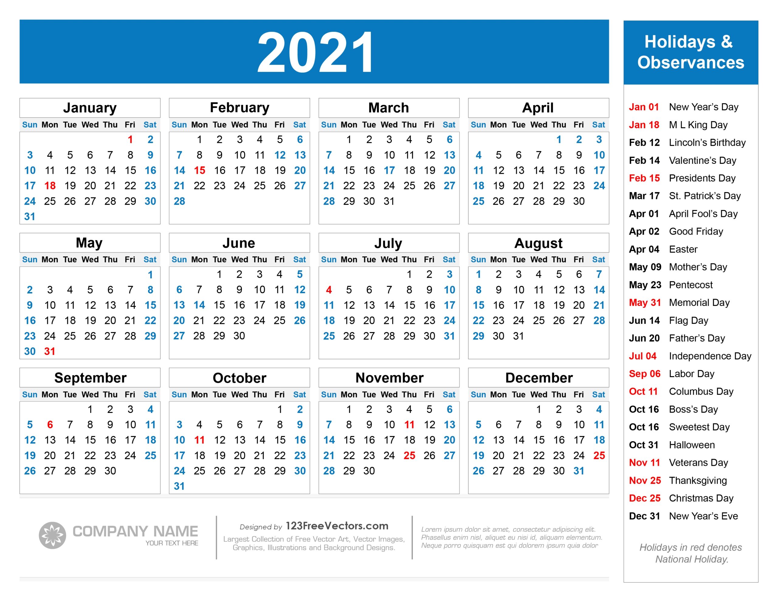 Free Download 2021 Yearly Calendar With Holidays Free Download 2021 Yearly Calendar With Holidays