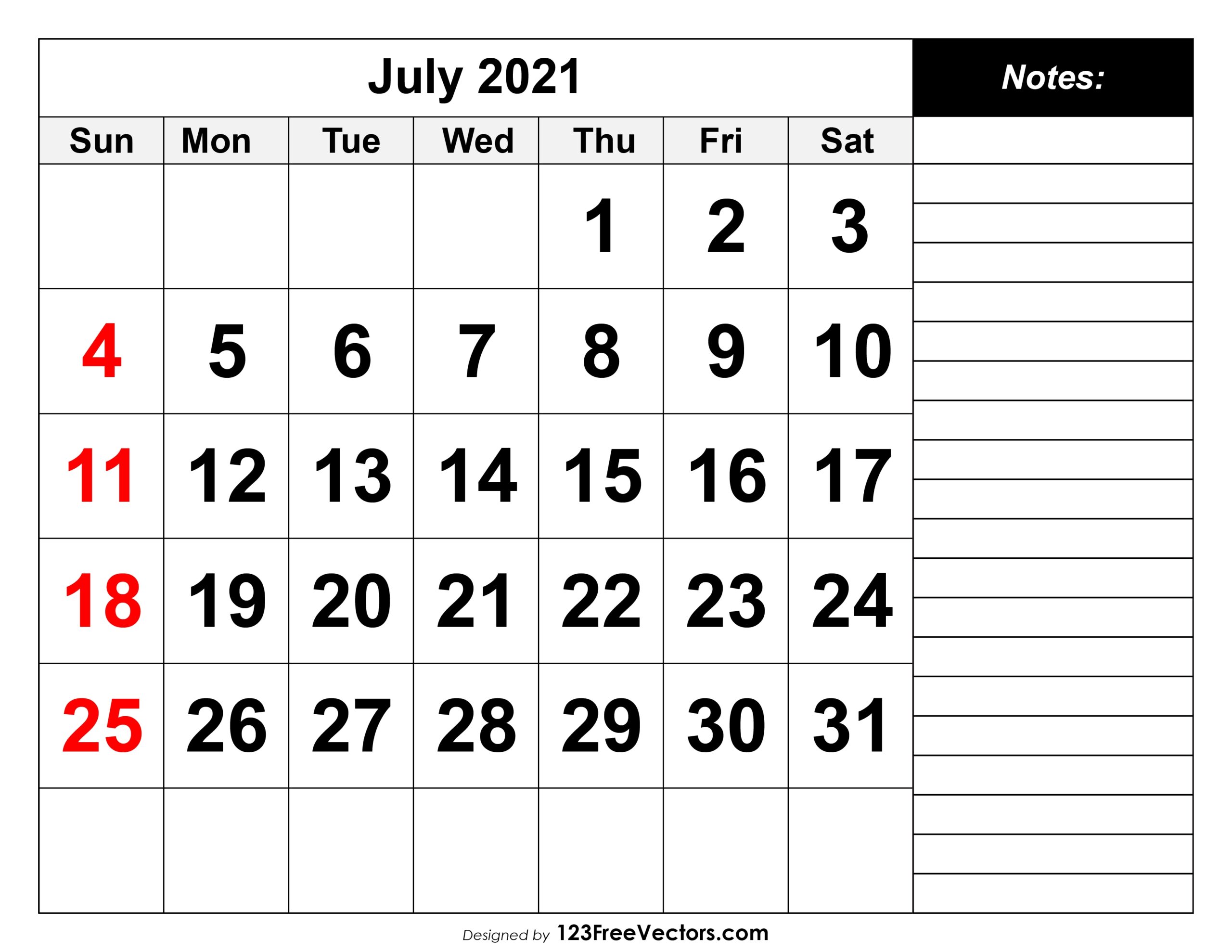 Free Download July 2021 Calendar With Notes