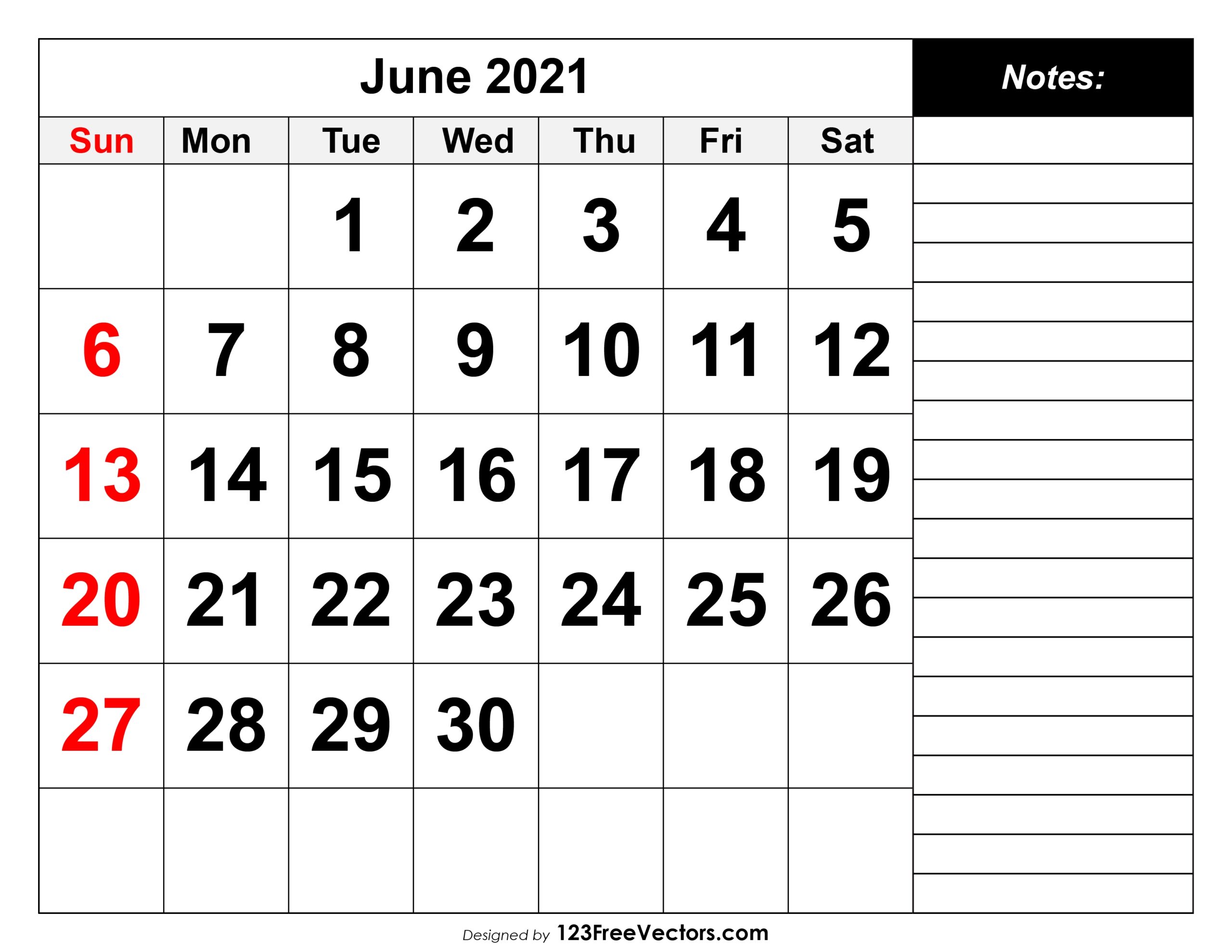 Free Download June 2021 Calendar With Notes Section