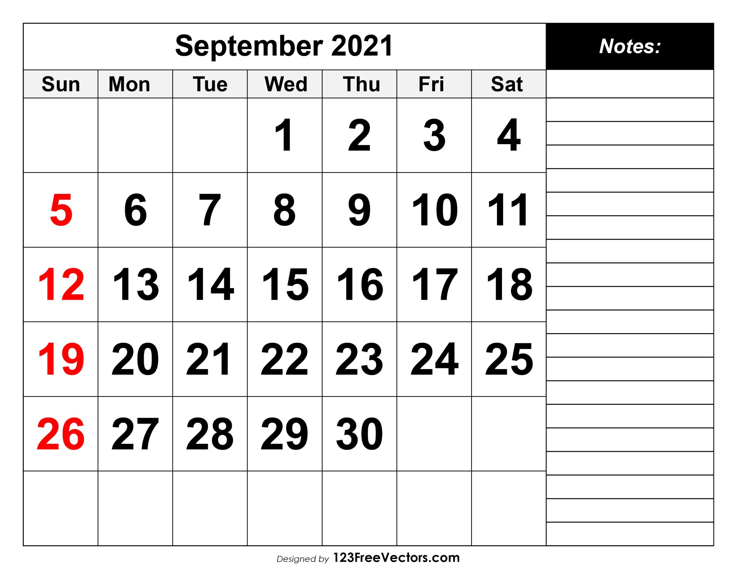 Free Download September 2021 Calendar With Notes Section