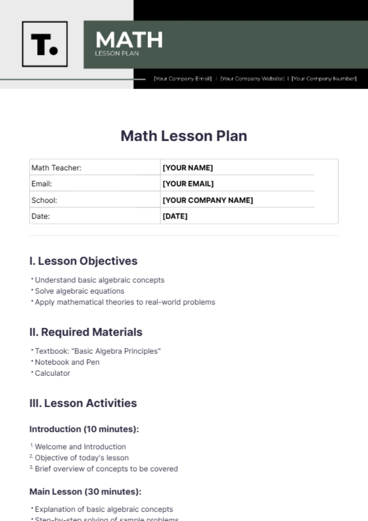 Free Math Lesson Plan Templates Editable And Printable