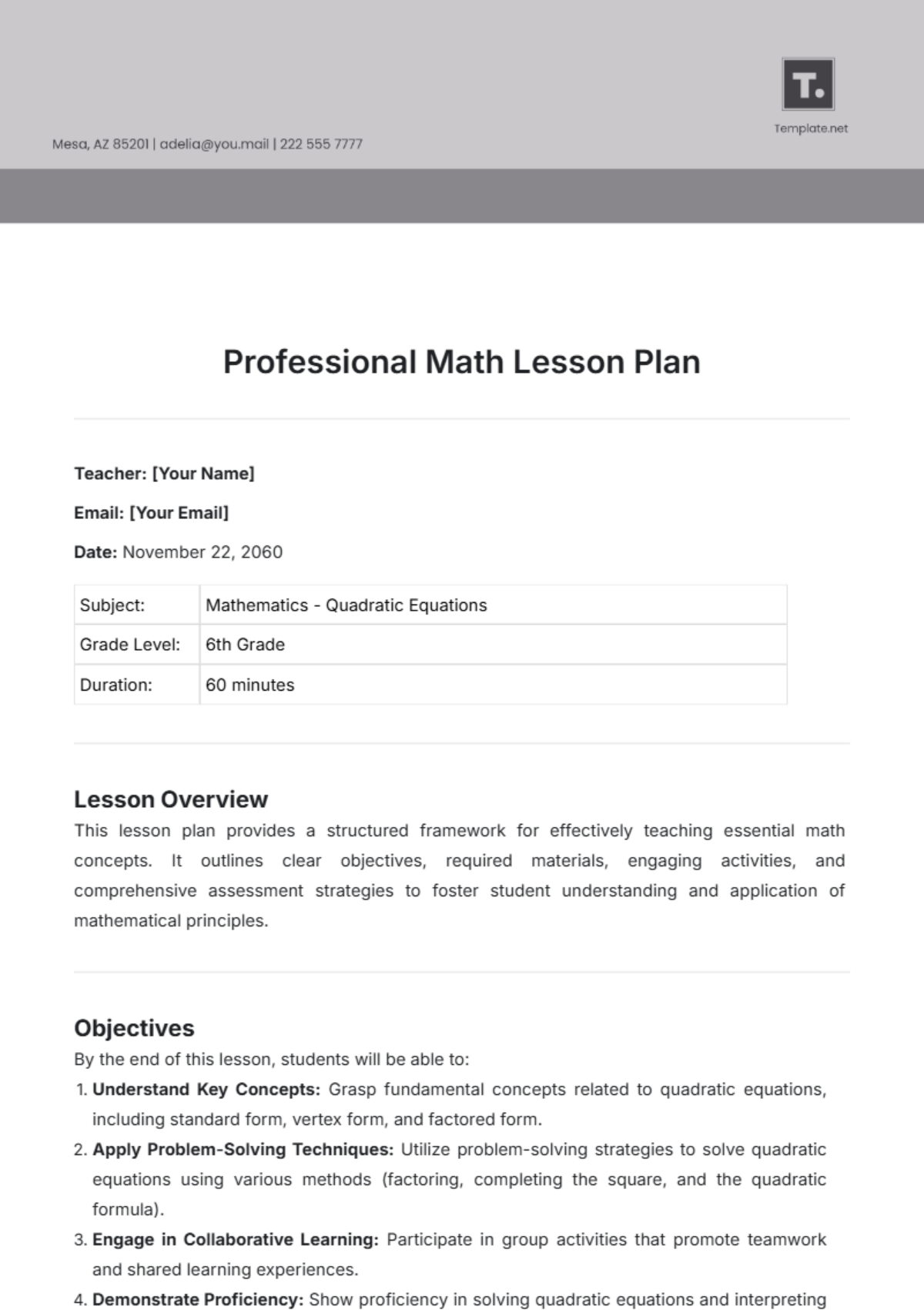 Free Math Lesson Plan Templates Editable And Printable