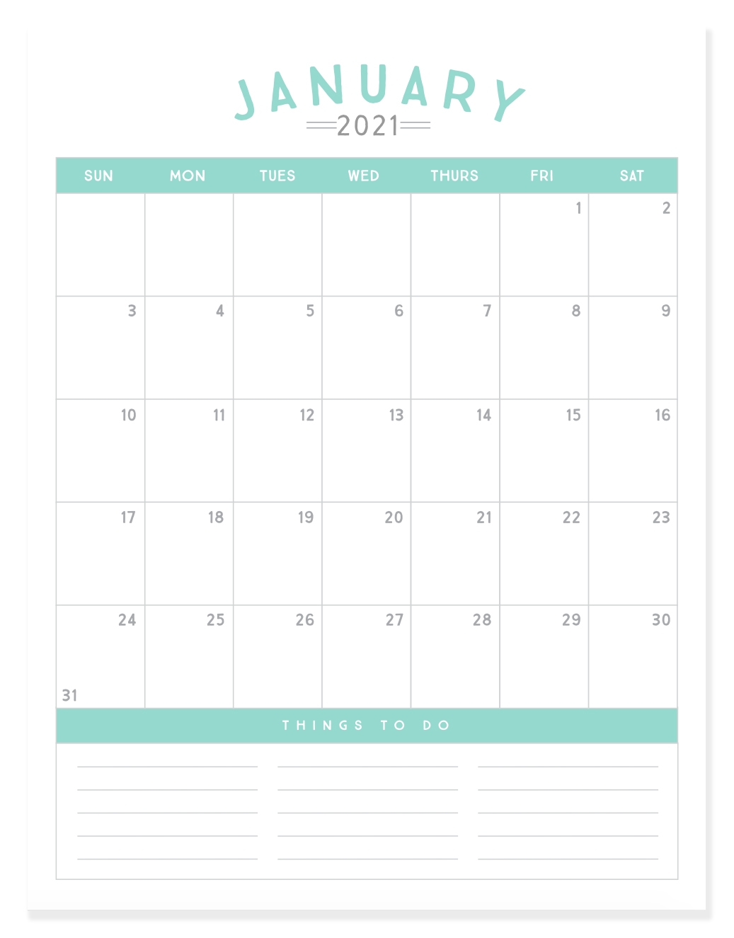 Free Printable 2021 Calendar Free Printable 2021 Calendar