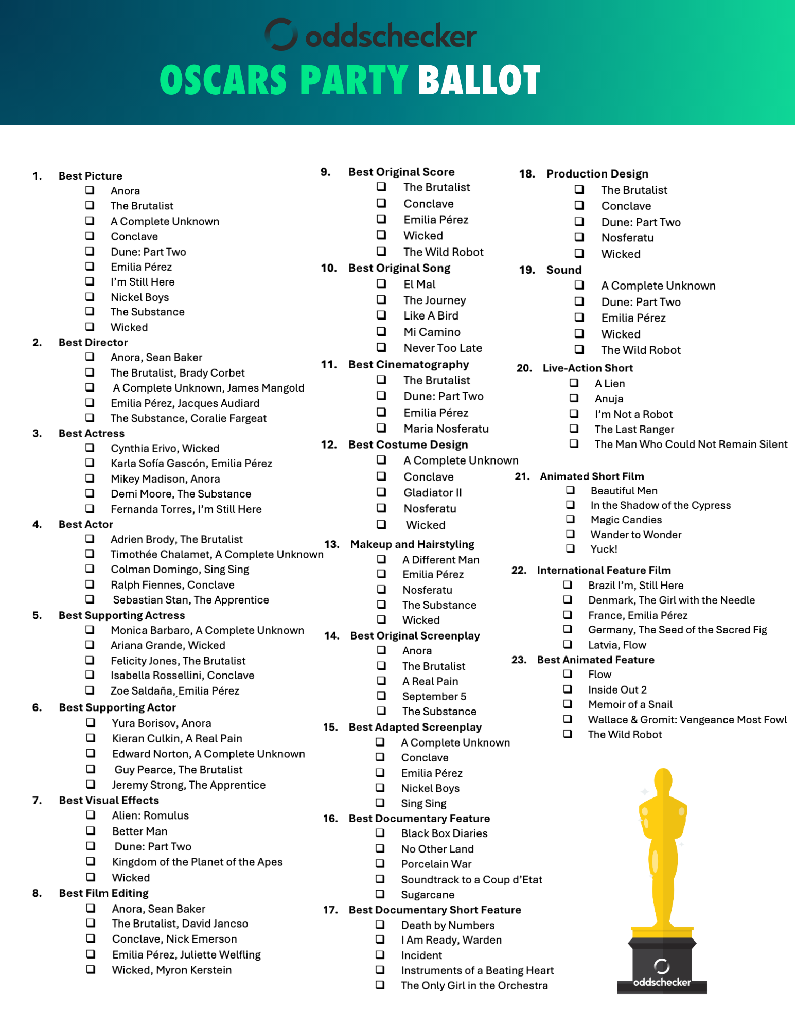 printable oscar ballot 2025