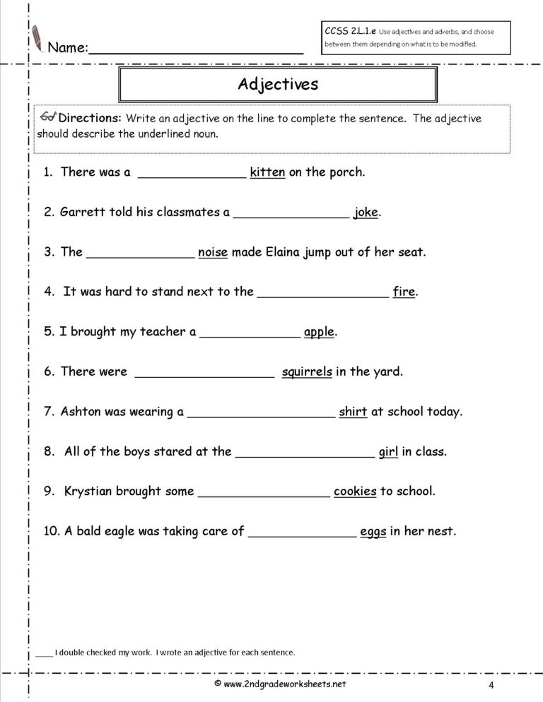 Free Using Adjectives Worksheets