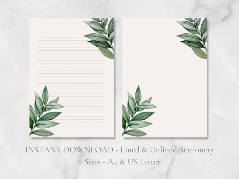 Green Leaf Printable Stationery Green Leaves Stationary Botanical Writing Paper Plant Writing Paper A4 US Letter Instant Download Etsy