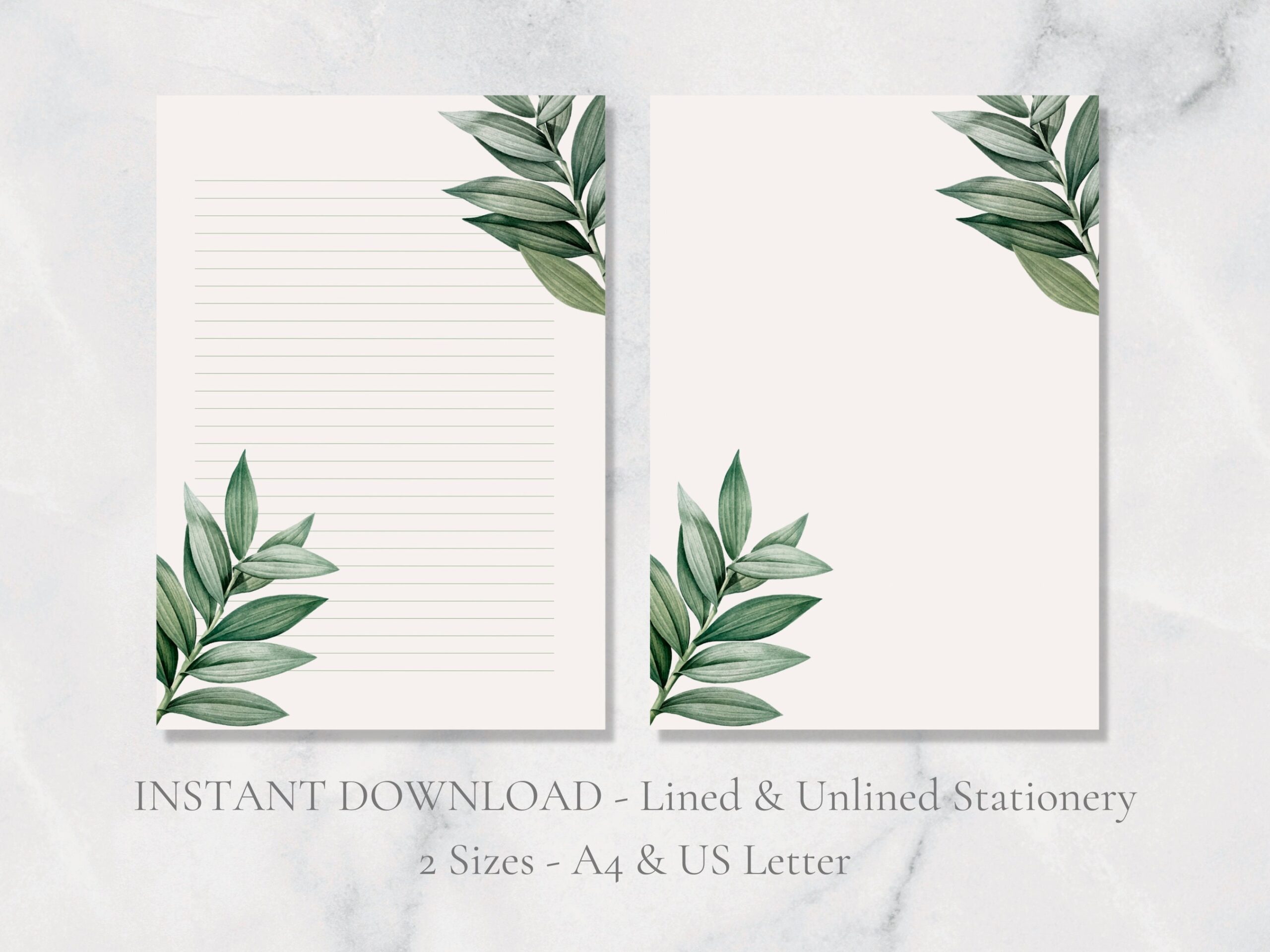 Green Leaf Printable Stationery Green Leaves Stationary Botanical Writing Paper Plant Writing Paper A4 US Letter Instant Download Etsy
