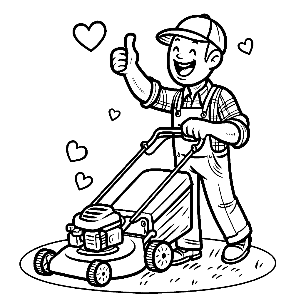Happy Man Mowing Grass With Grass Mower Thumbs Up Coloring Page