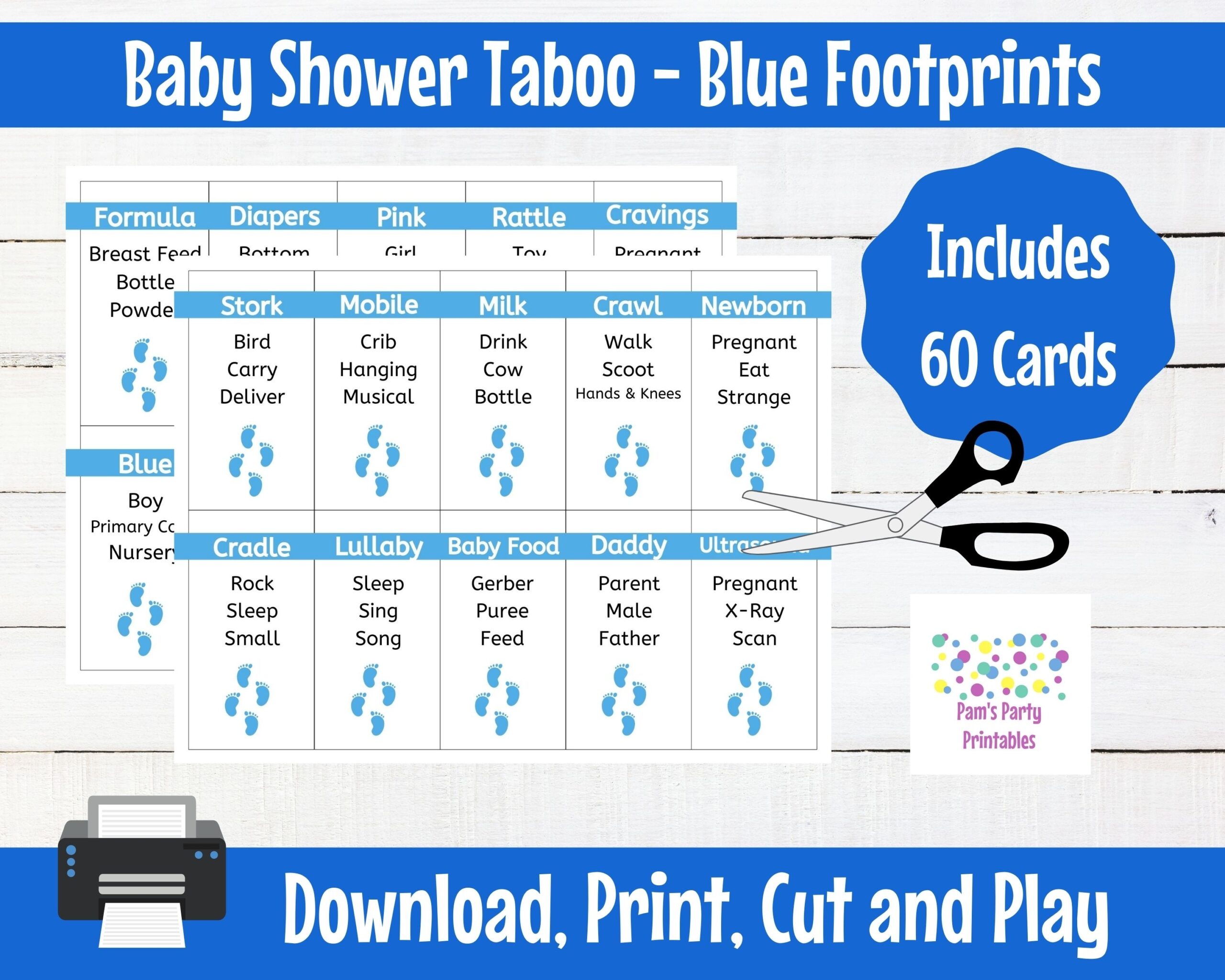 It s A Boy Blue Footprints Baby Shower Taboo Printable Cards Baby Shower Game Couples Shower Grandma Shower Gender Reveal