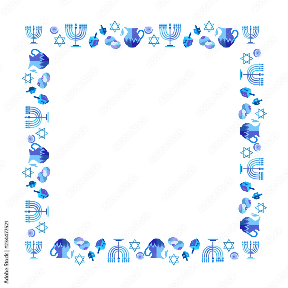 Jewish Holiday Hanukkah Frame Card Traditional Chanukah Symbols Wooden Dreidels spinning Top Hebrew Letters Donuts Menorah Candles Oil Jar Star David Glowing Lights Pattern Vector Template Stock Vector Adobe Stock