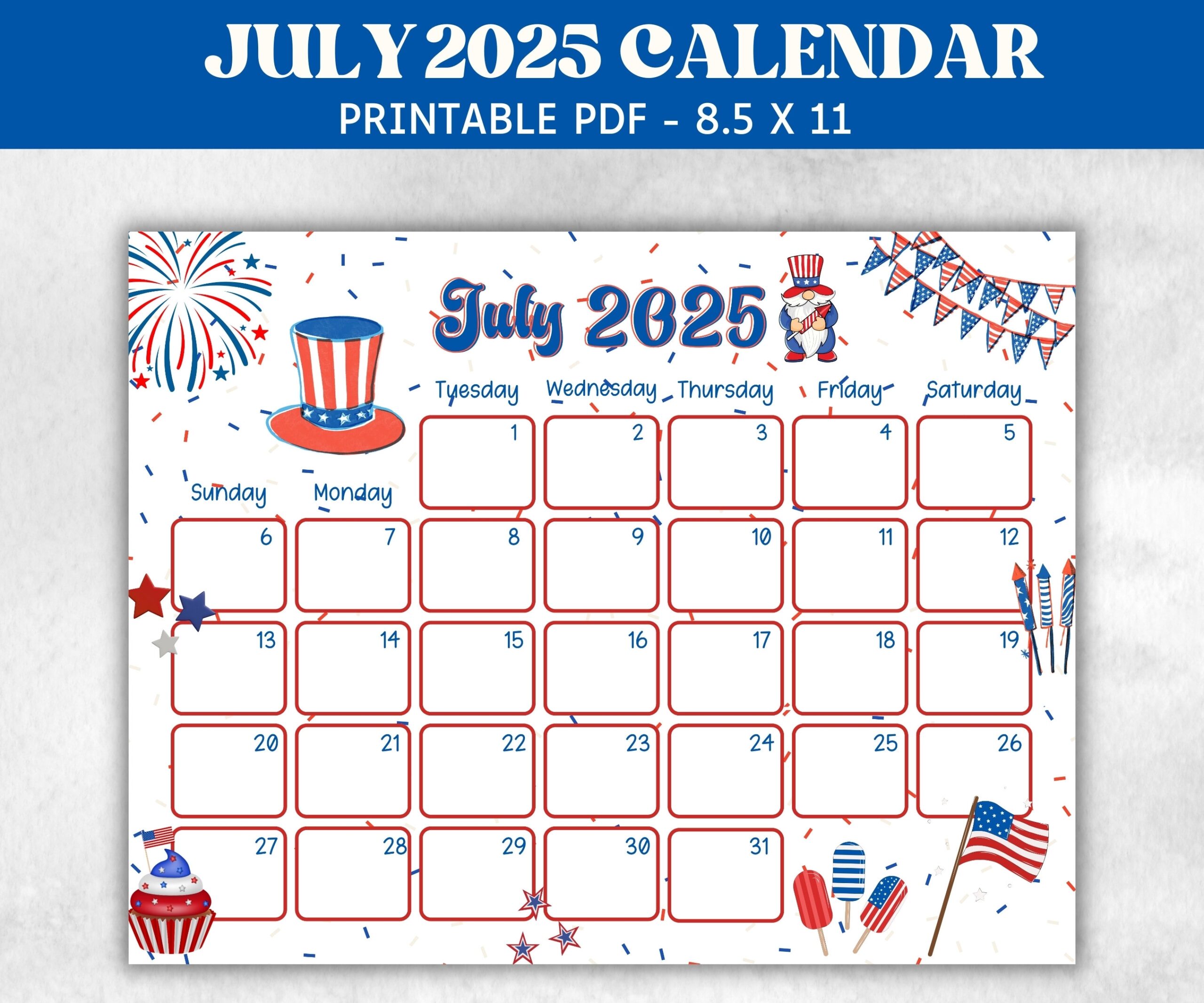 July 2025 Calendar For Kids Patriotic Printable Planner PDF Etsy
