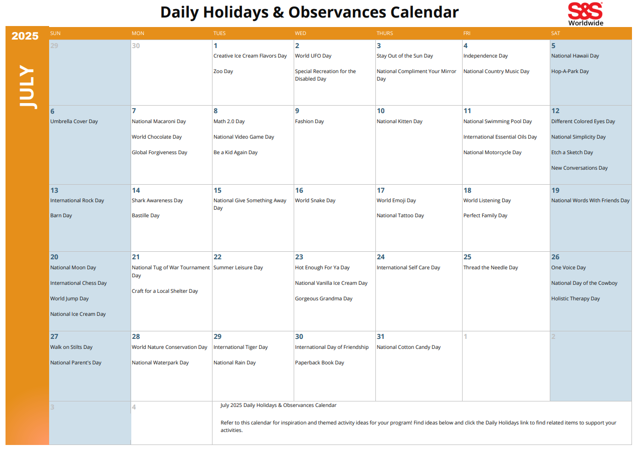 July Daily Holidays U0026 Observances Printable Calendar Su0026S Blog
