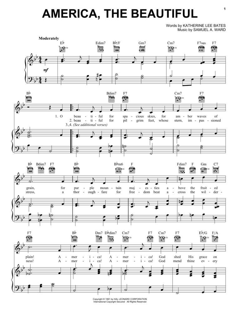 Katharine Lee Bates America The Beautiful Sheet Music Notes Chords Download Printable 5 Finger Piano PDF Score SKU 1363212
