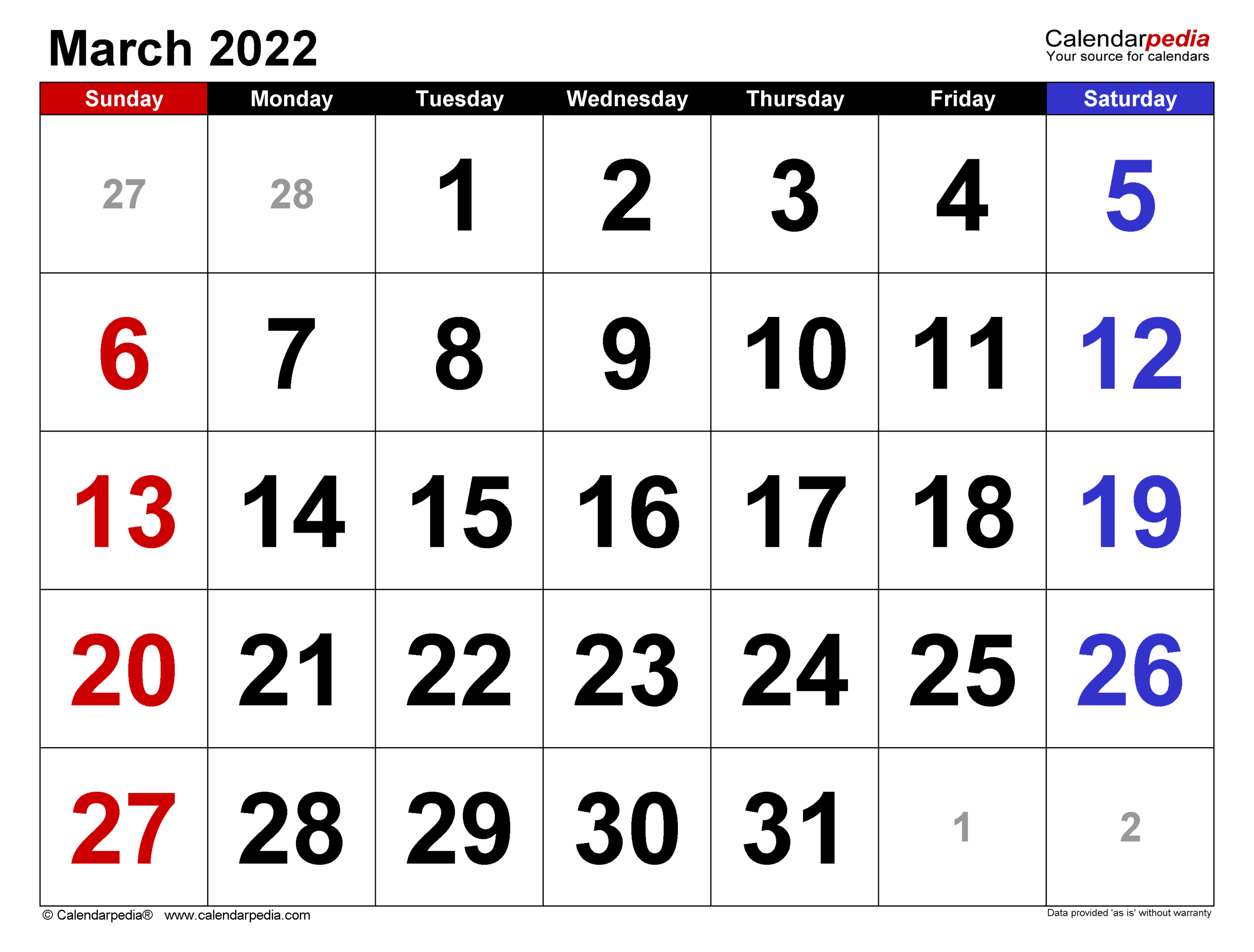 free printable monthly calendars march 2022 calendar