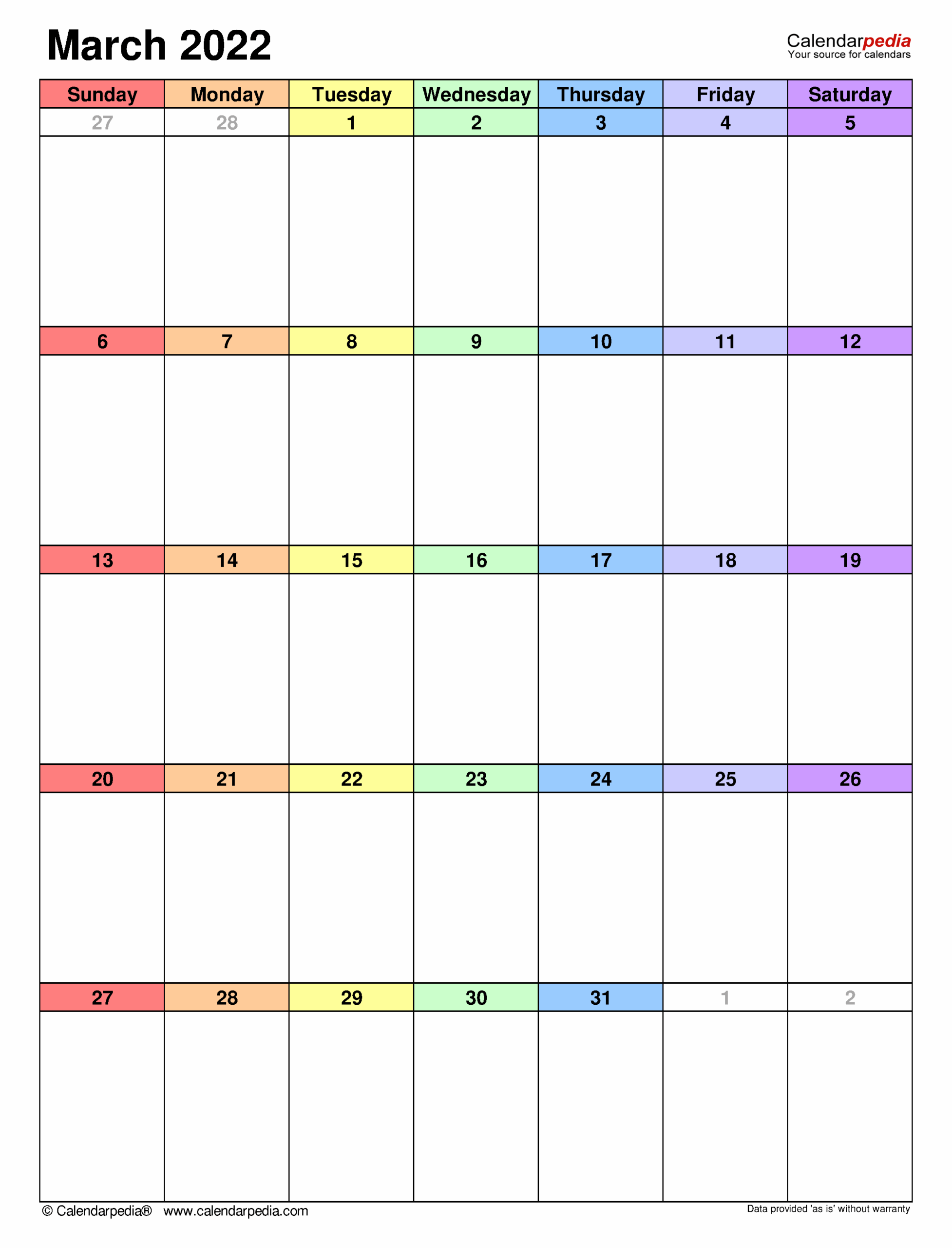 March 2022 Calendar Templates For PDF Excel And Word