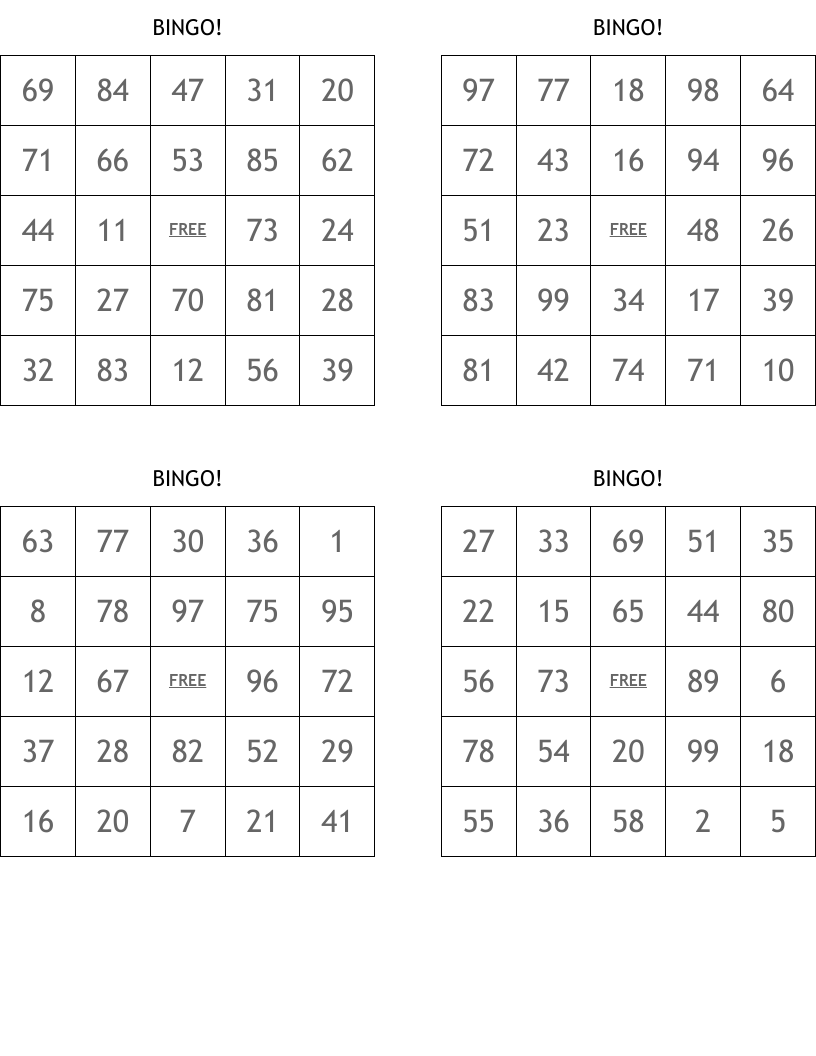 printable bingo cards