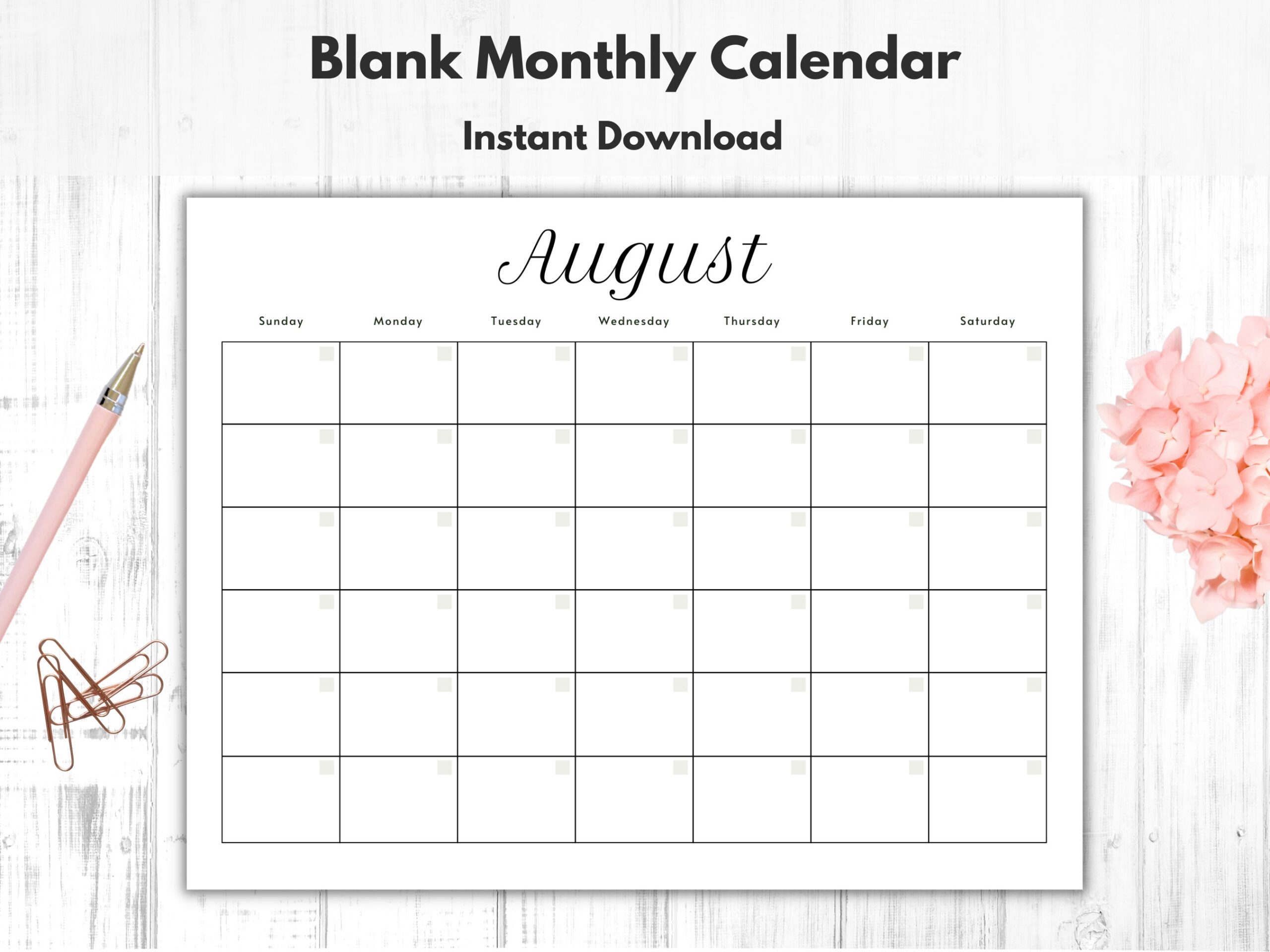 Monthly Blank Calendar Printable Calendar Template Horizontal 
