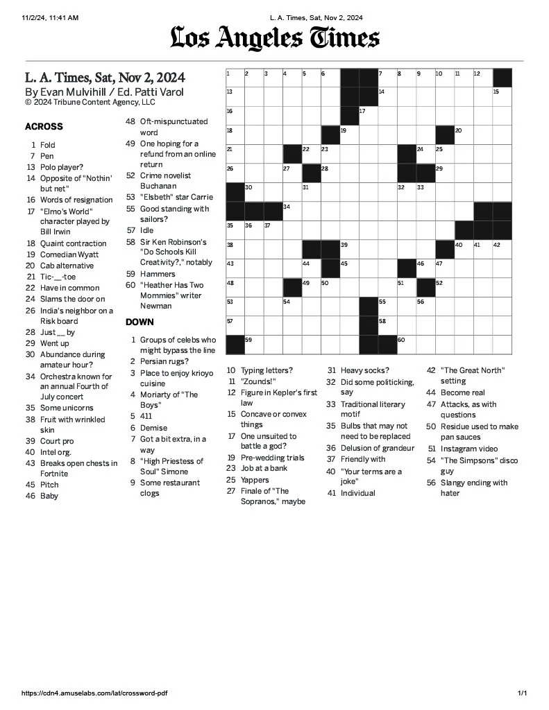 New Crossword Published In The LA Times Today Saturday November 2nd 2024 Boss Words Fierce Grids And Guides From Evan Mulvihill