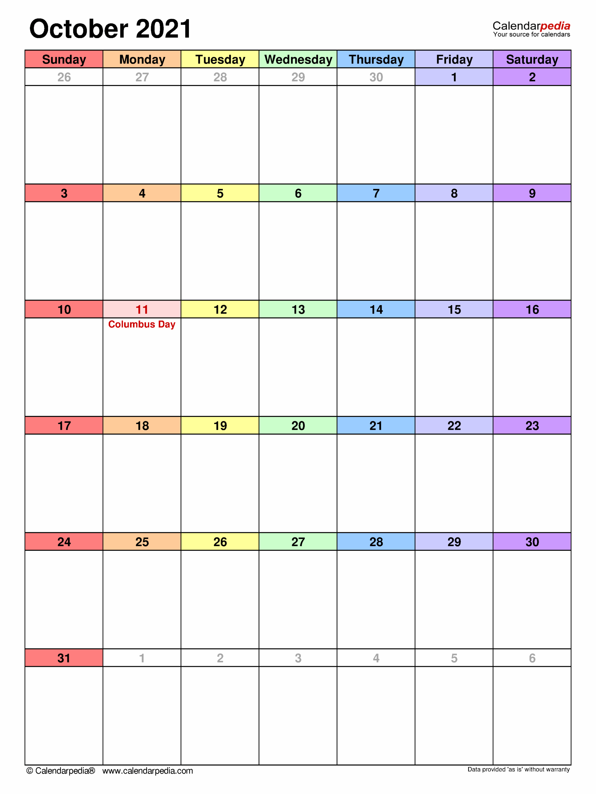 October 2021 Calendar Templates For PDF Excel And Word