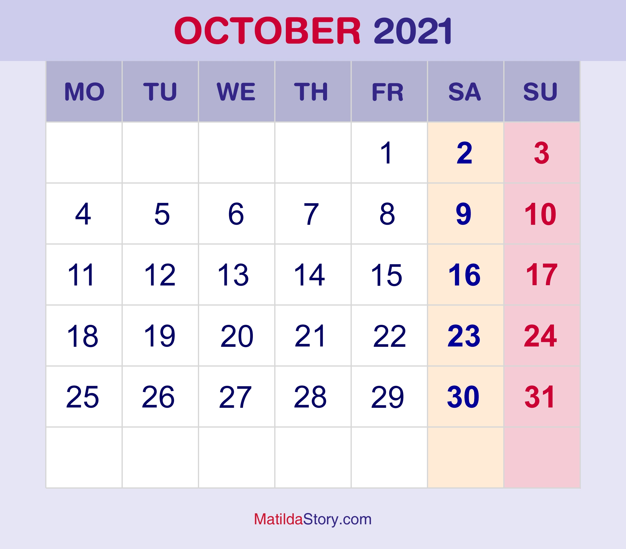October 2021 Monthly Calendar Monthly Planner Printable Free Monday Start MatildaStory