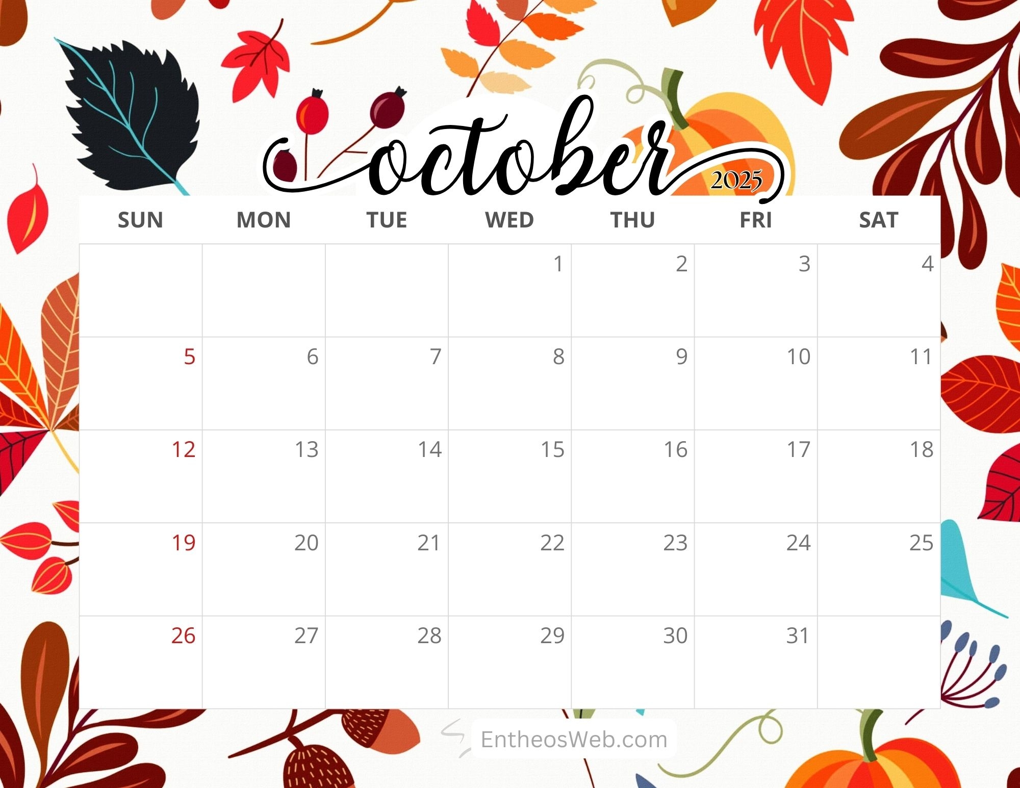 october calendar printable